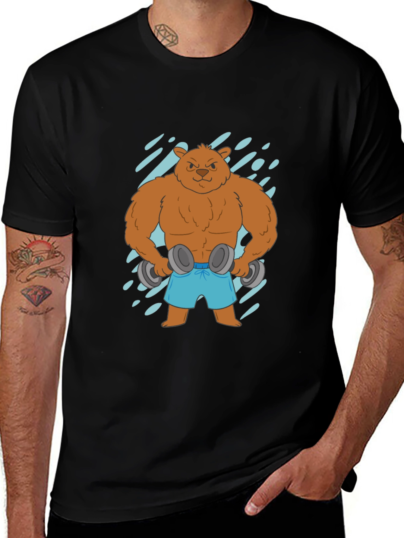Variant 22 of Workout Bear Graphic Tee - Black Cotton T-Shirt