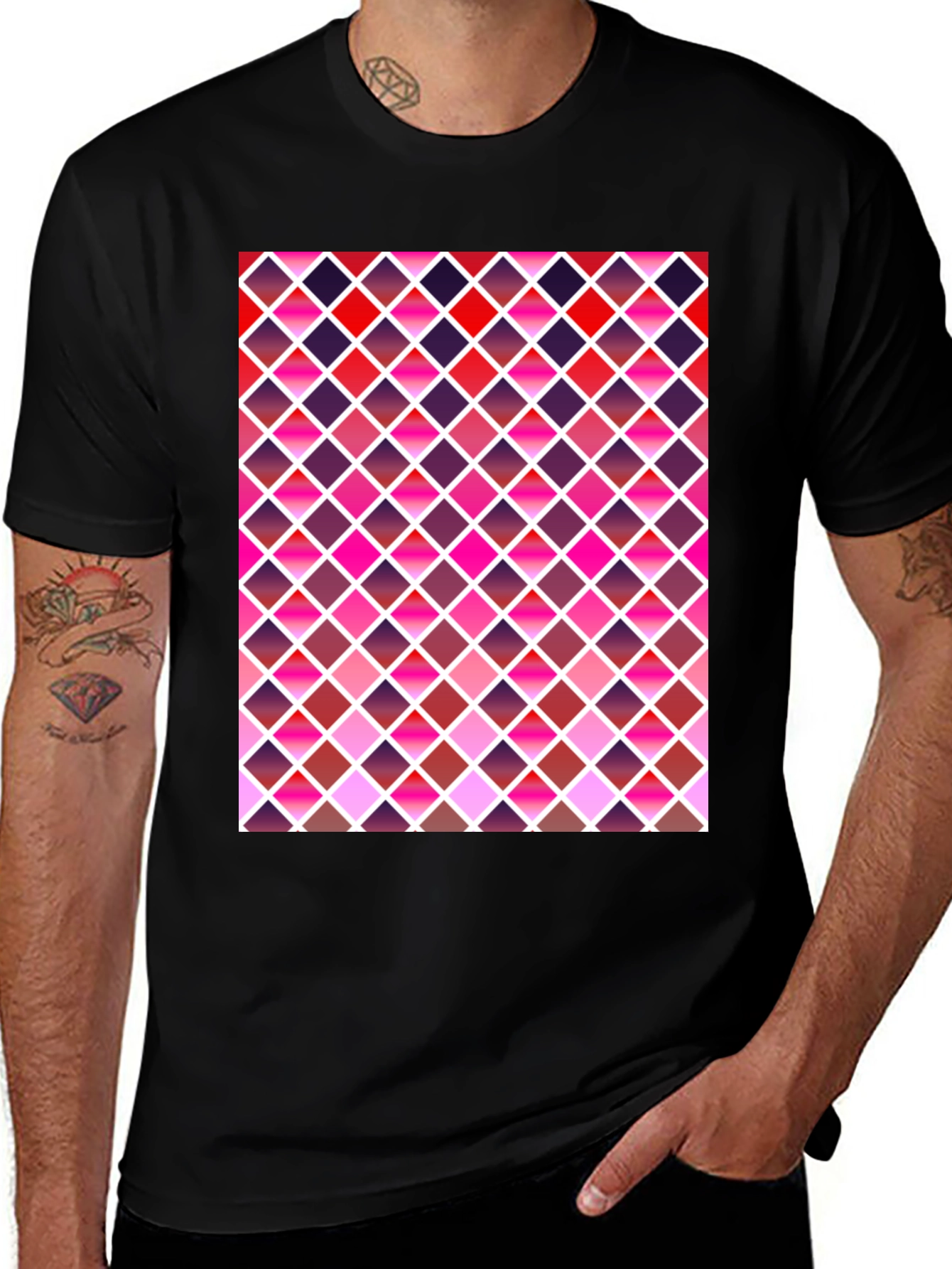 Variant 5 of Geometric Diamond Pattern Graphic Tee - Black
