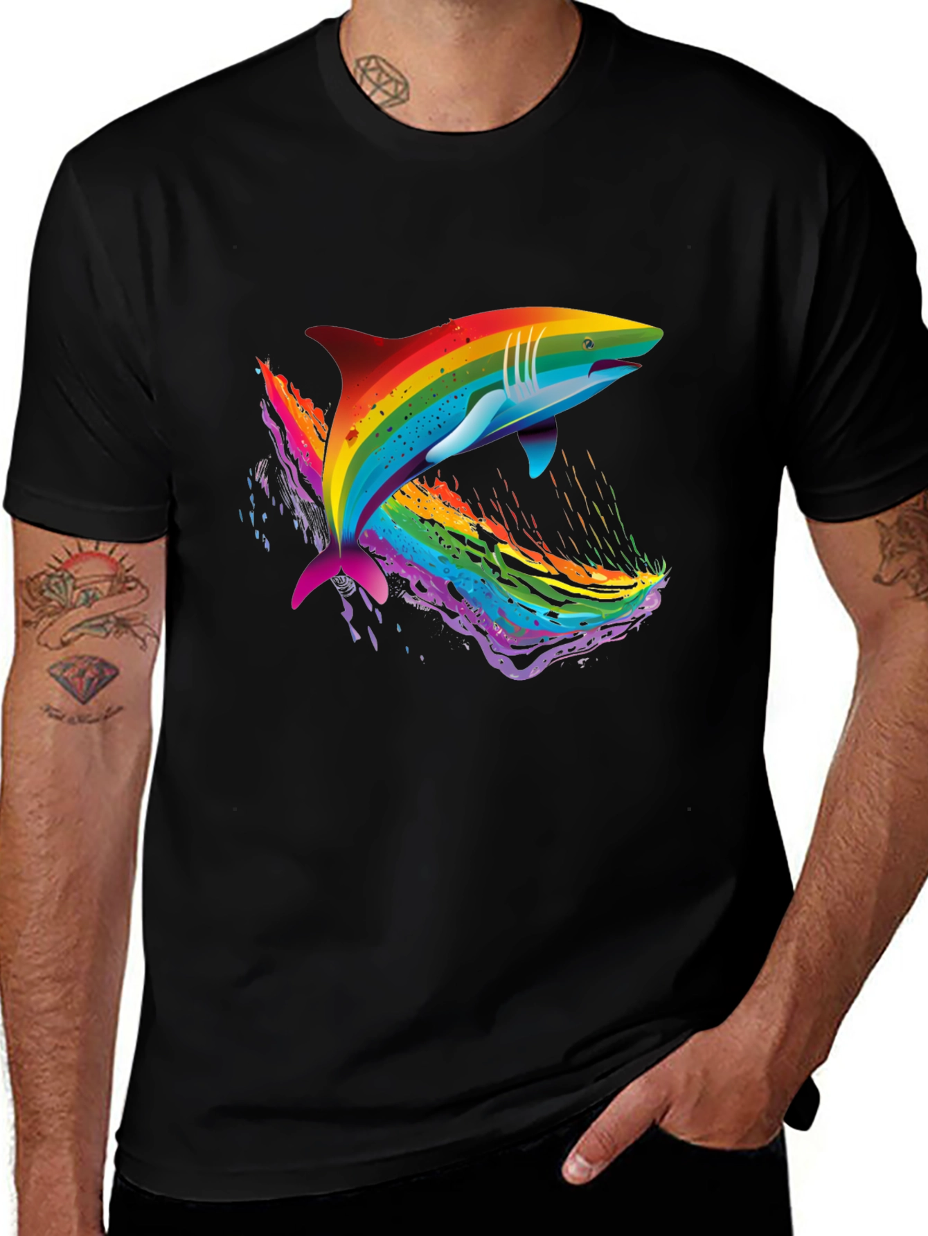 Variant 6 of Rainbow Shark Graphic Black T-Shirt