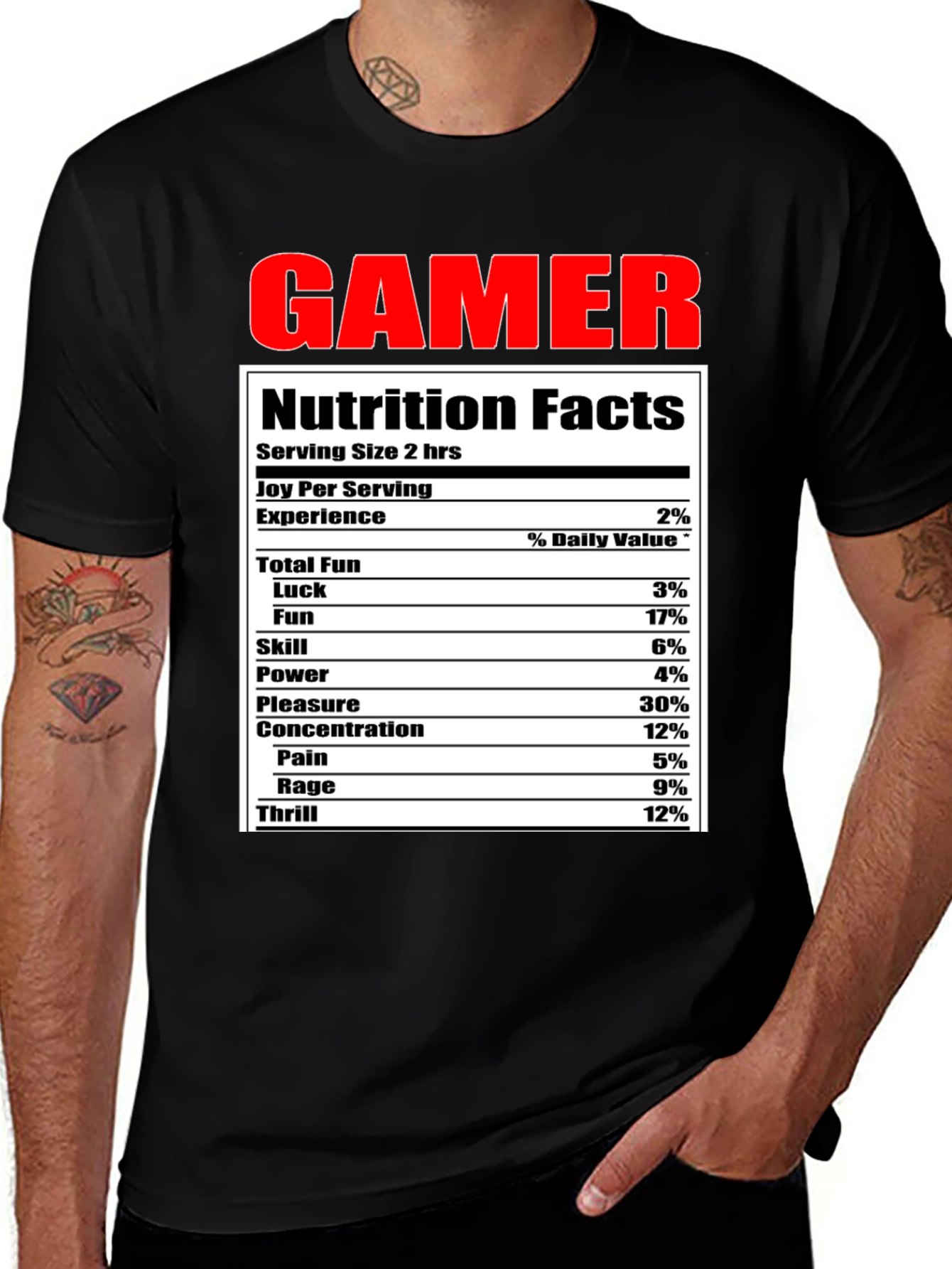 Variant 14 of Gamer Nutrition Facts Funny Black T-Shirt