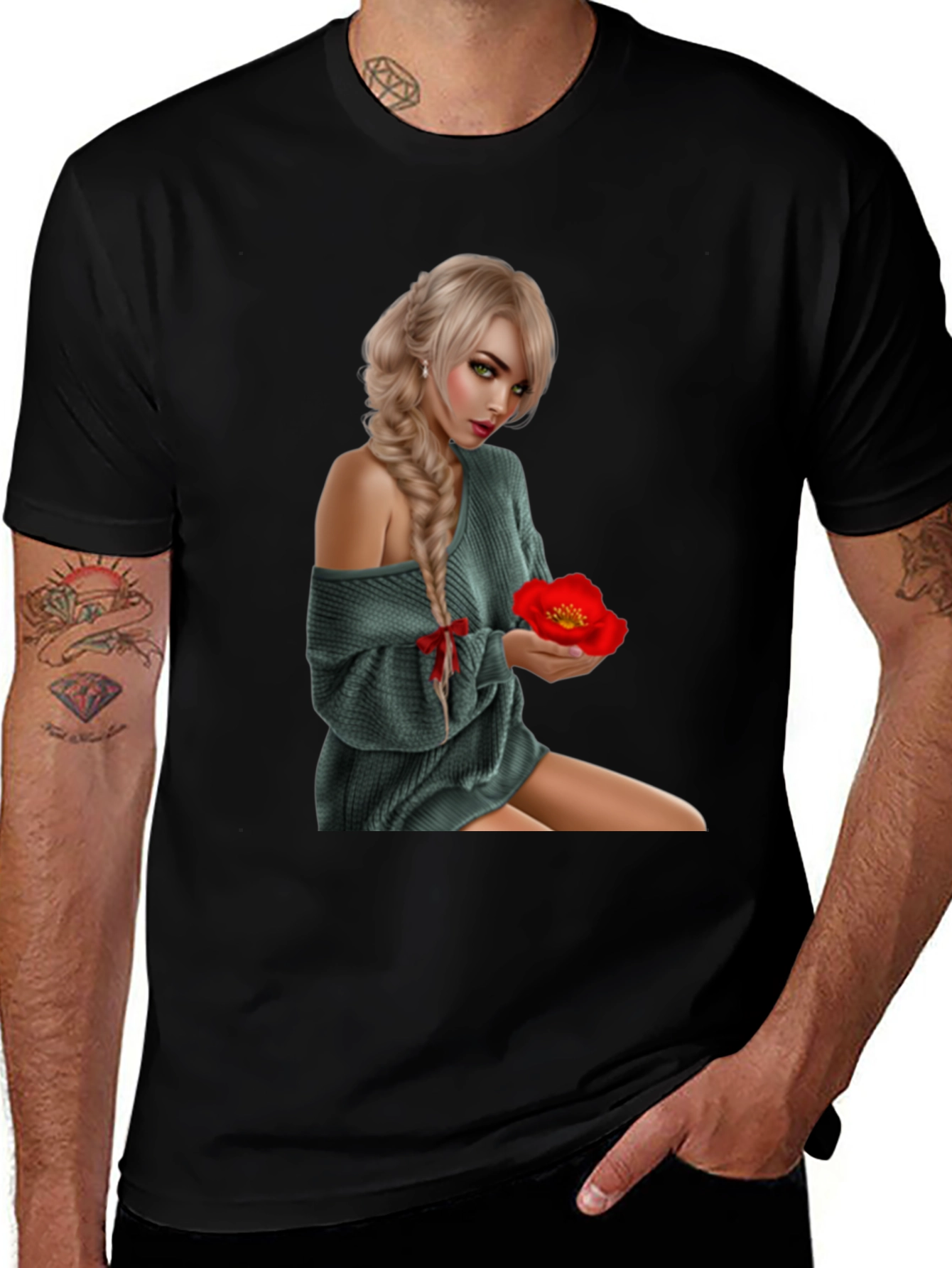 Woman with Flower Graphic T-Shirt
