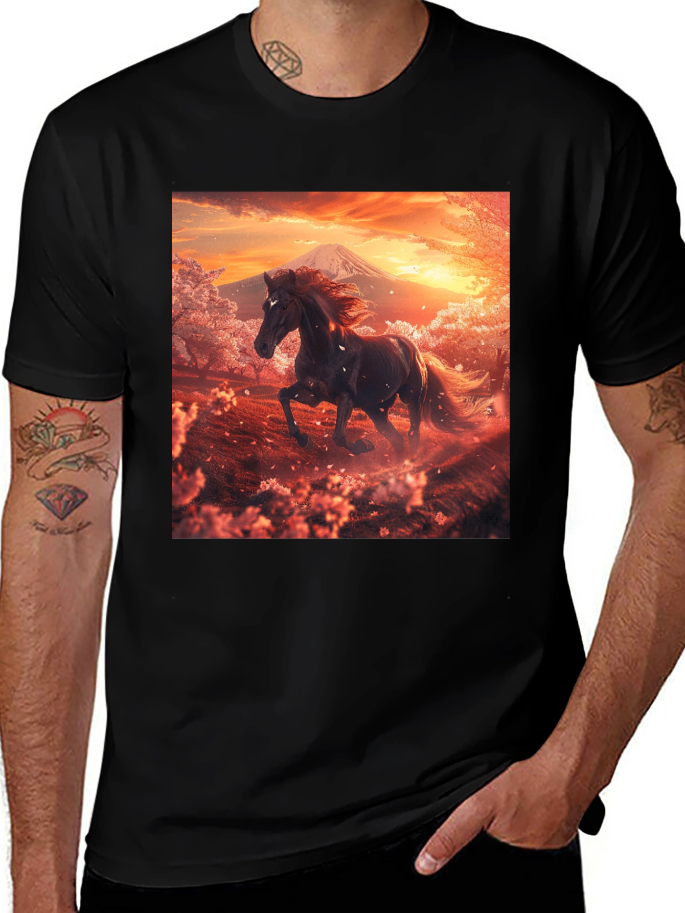 Variant 3 of Black Horse & Fuji Sunset T-Shirt - Stylish Graphic Tee