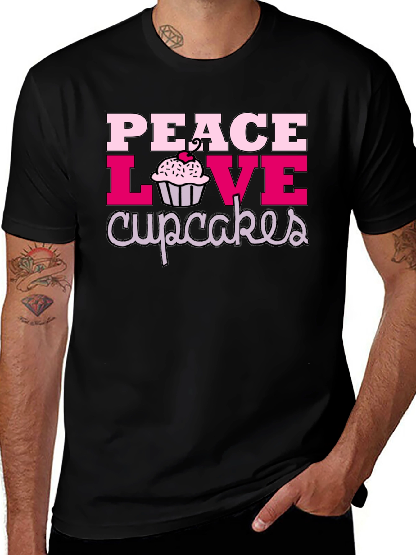 Variant 4 of Peace Love Cupcakes Graphic Tee - Black Cotton T-Shirt