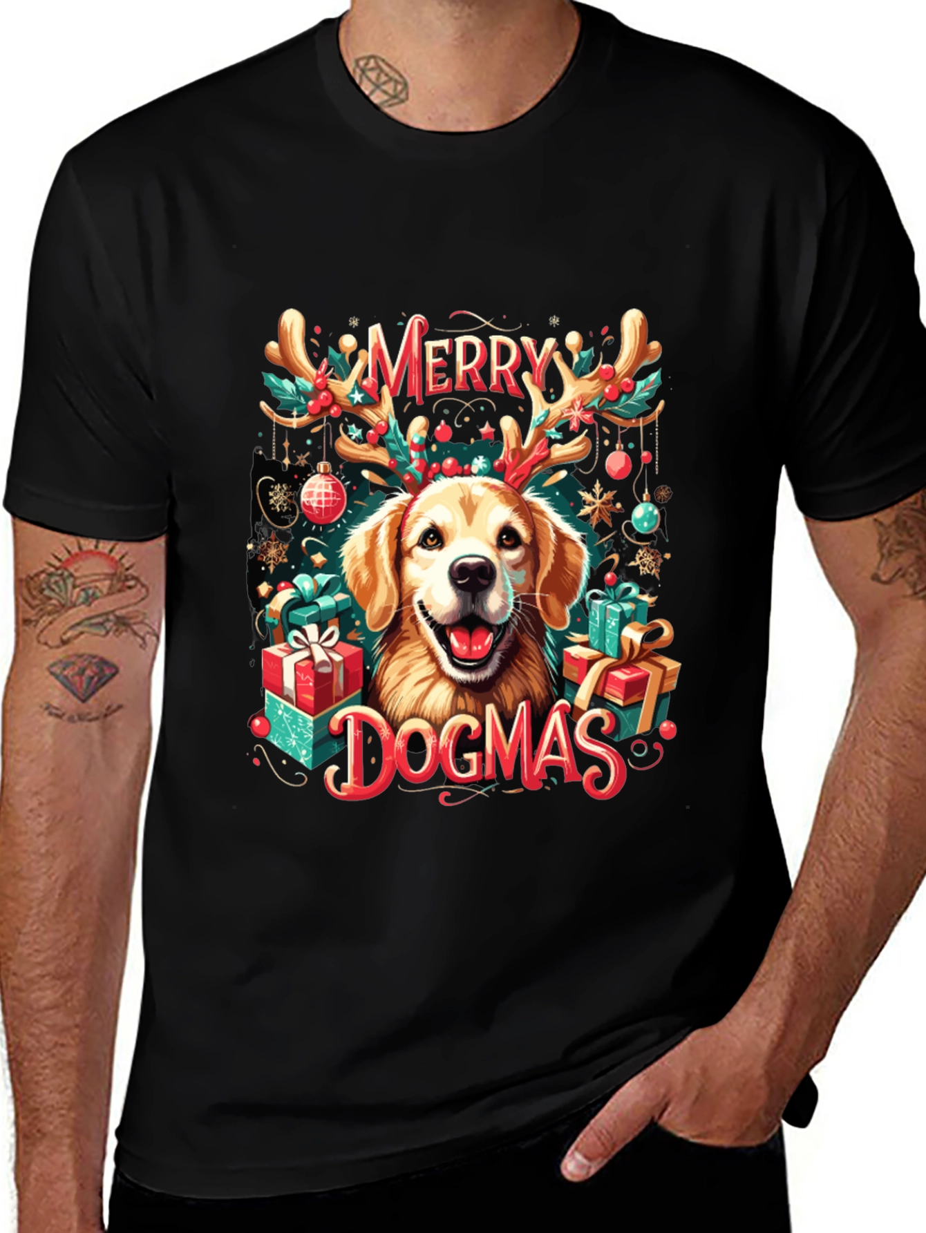 Merry Dogmas T-Shirt: Holiday Golden Retriever Tee