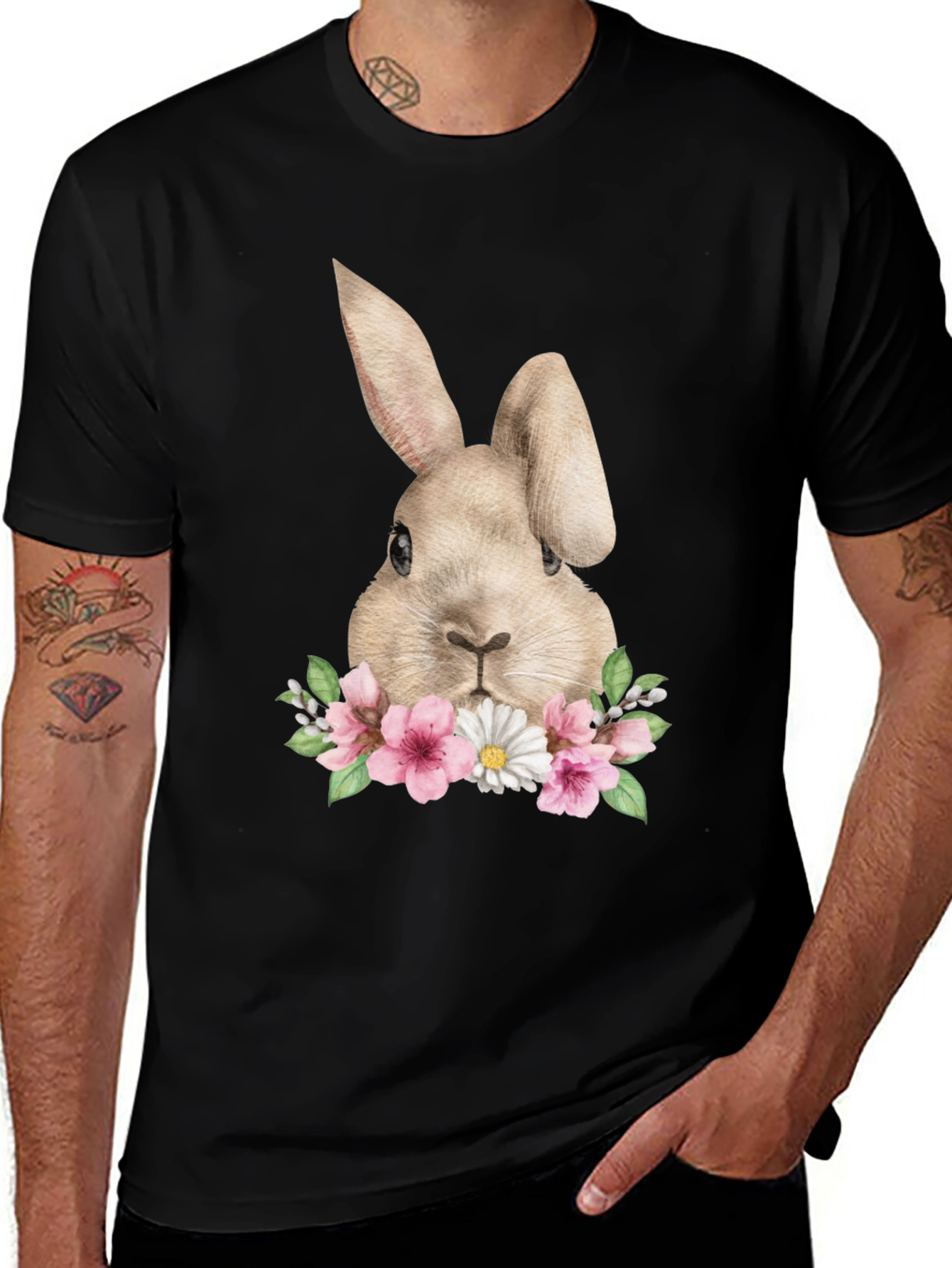 Variant 16 of Floral Bunny Graphic Tee - Soft Black Cotton