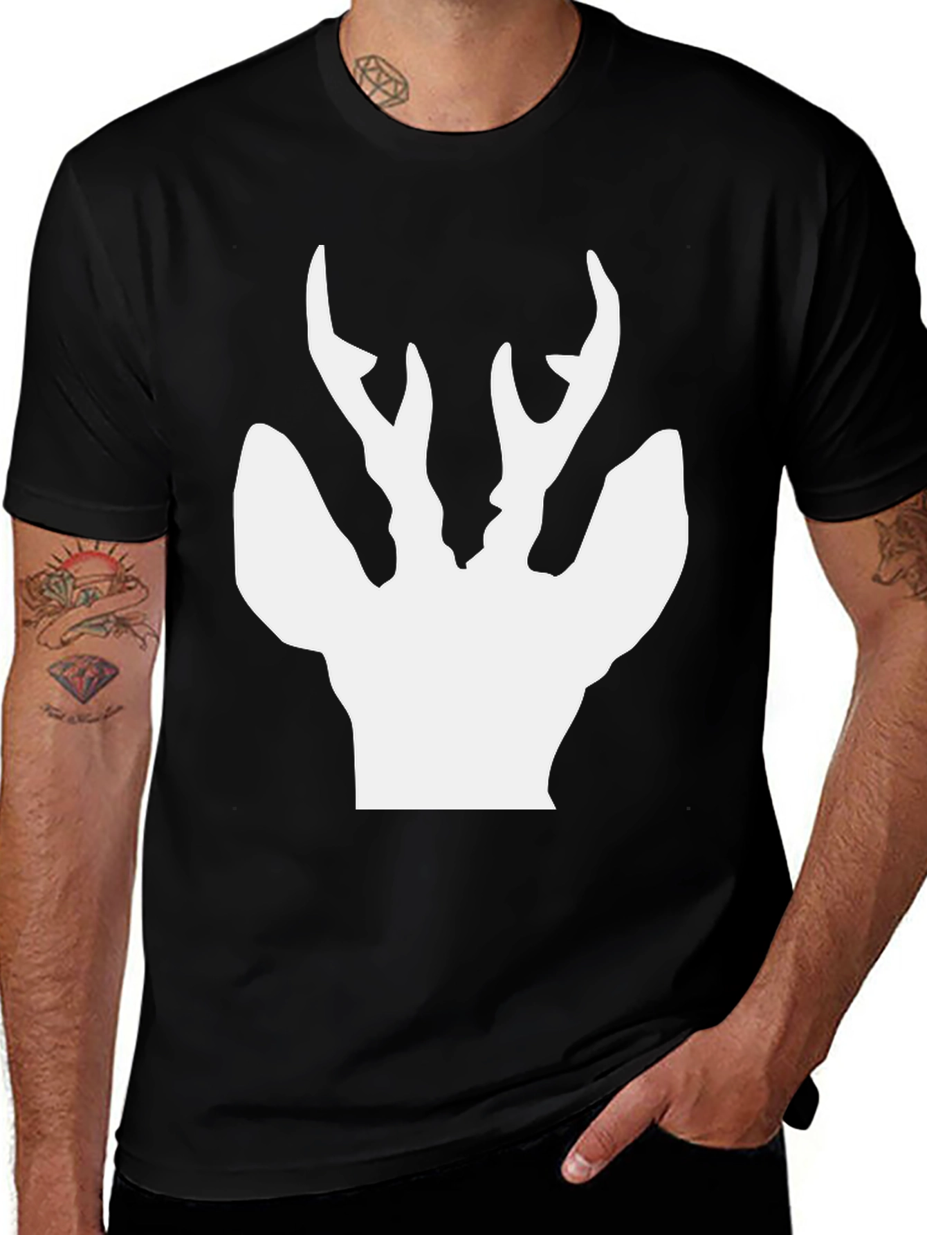 Variant 25 of Men's Black T-Shirt with White Deer Silhouette