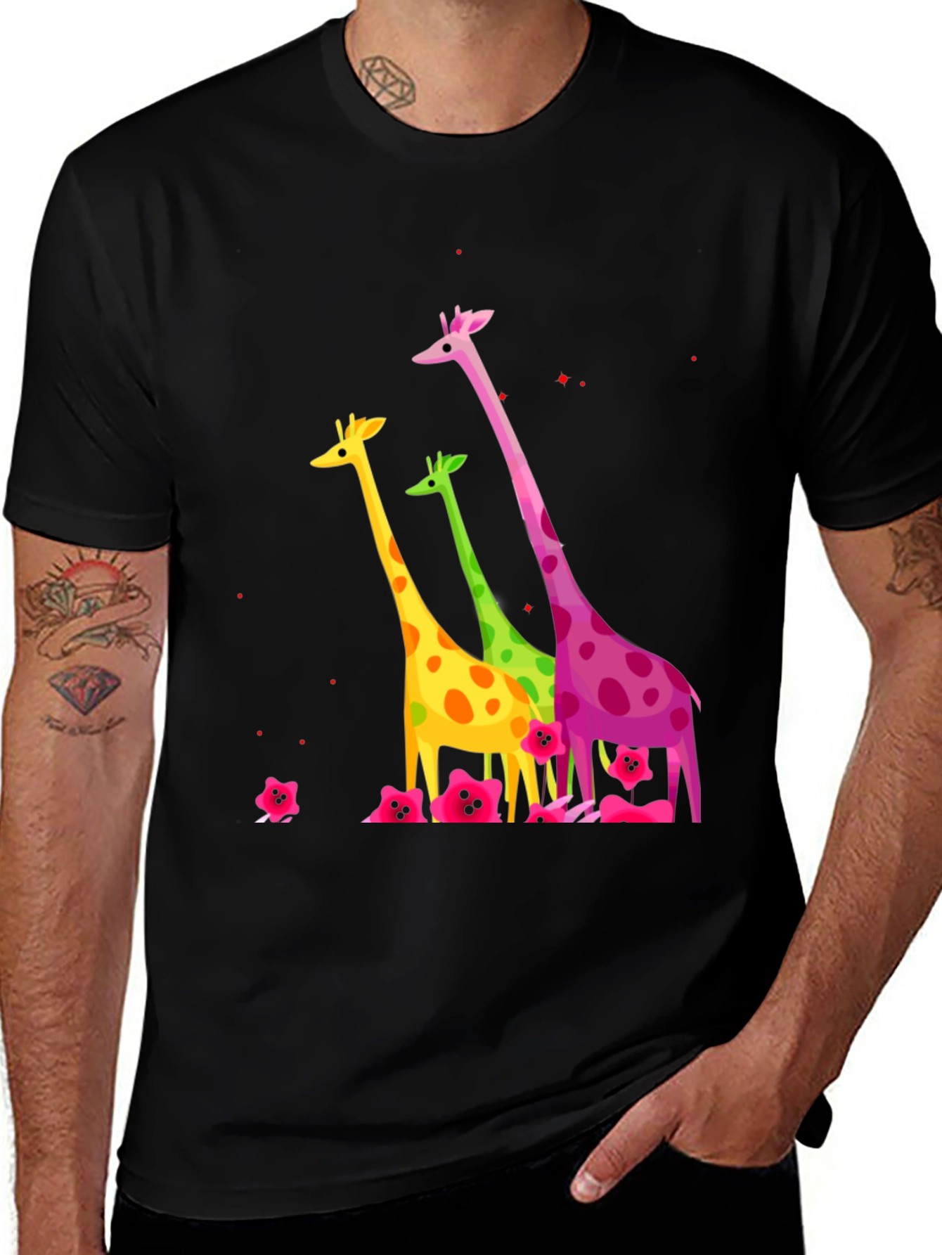 Variant 12 of Fun Giraffe Print Black T-Shirt