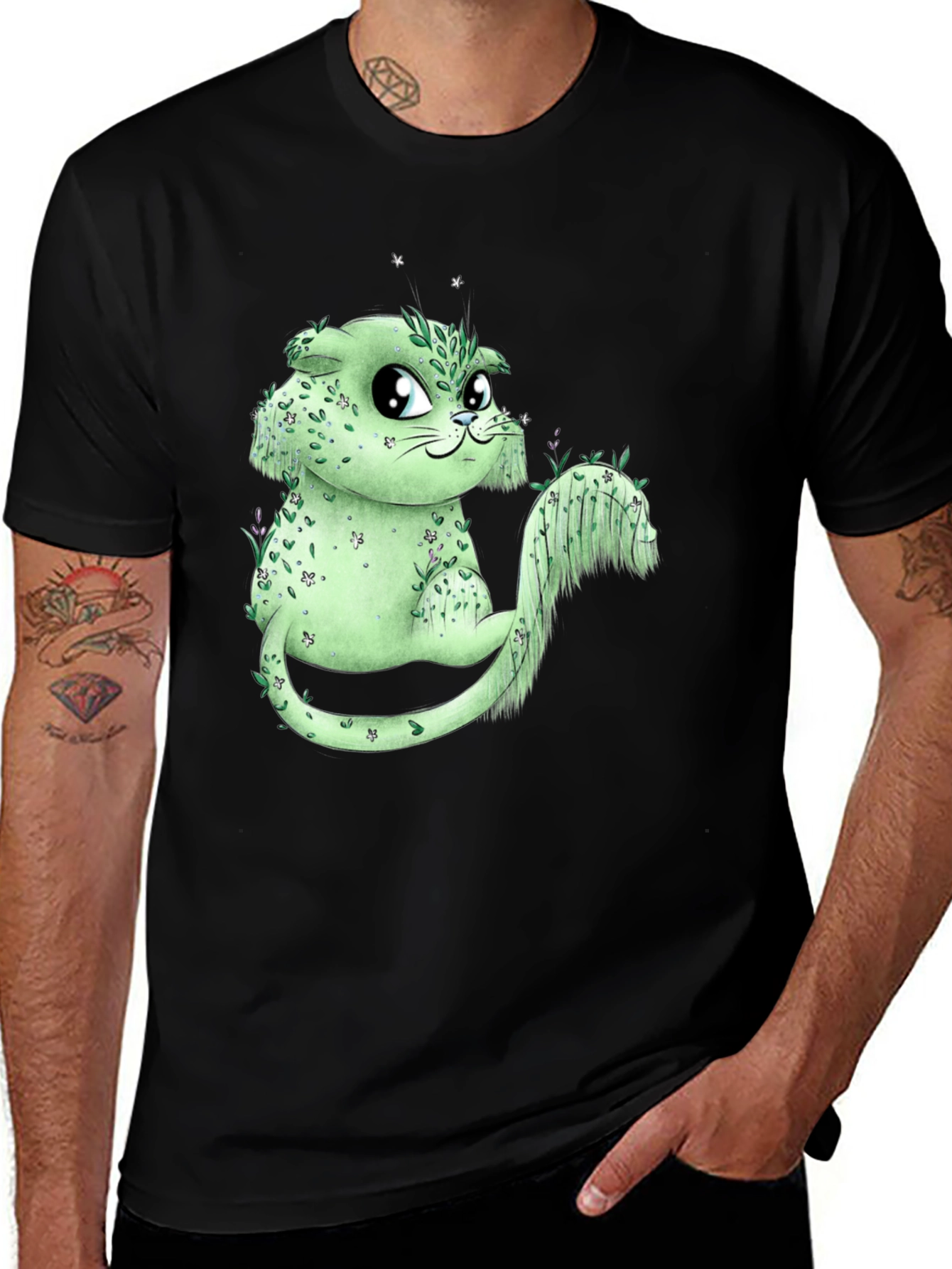 Variant 15 of Whimsical Green Cat Graphic T-Shirt - Unique Design