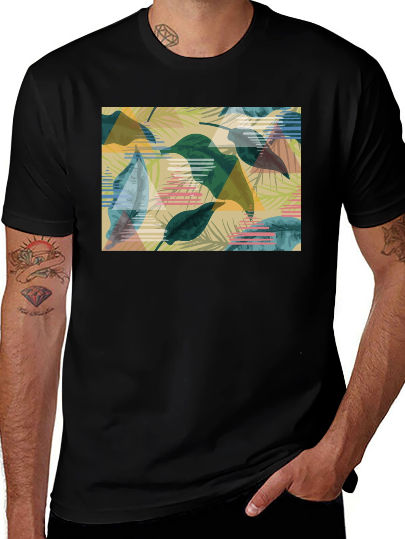 Variant 27 of Tropical Leaf Print T-Shirt - Men's Black Tee