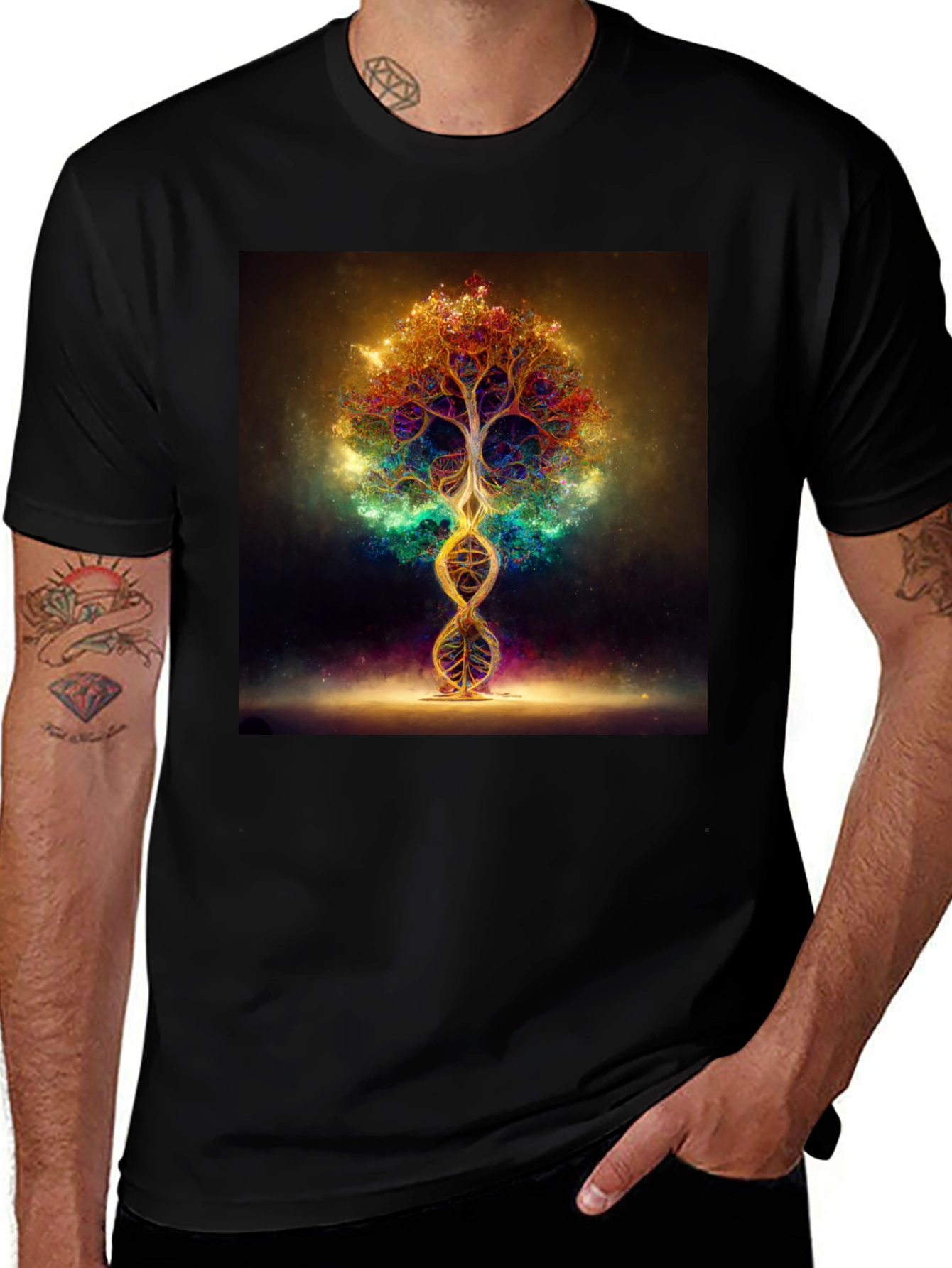 Black Cosmic Tree DNA T-Shirt - Vibrant Design main image
