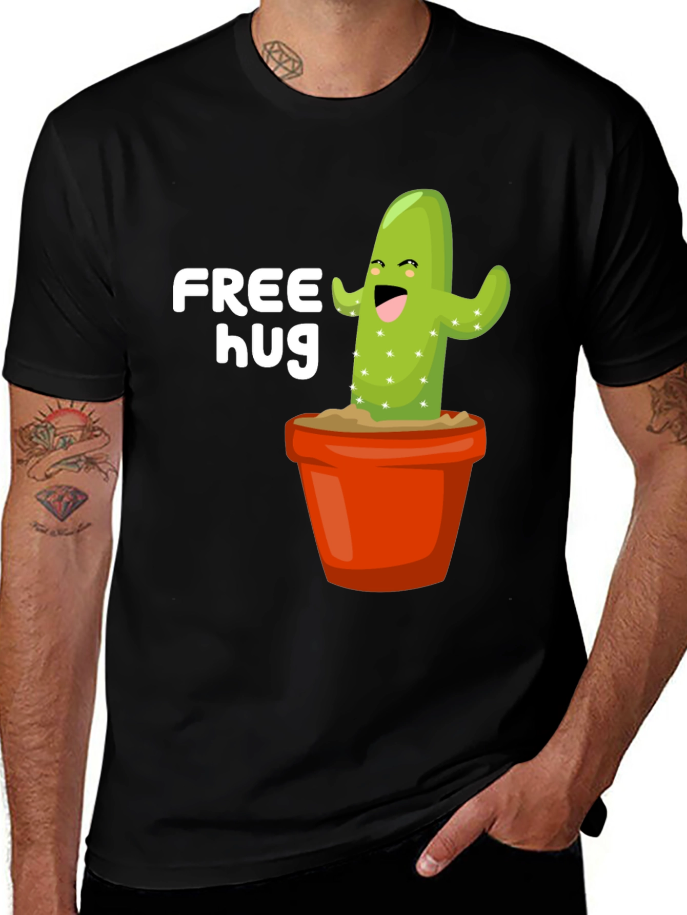 Variant 11 of Free Hug Cactus Graphic Tee - Black Cotton T-Shirt