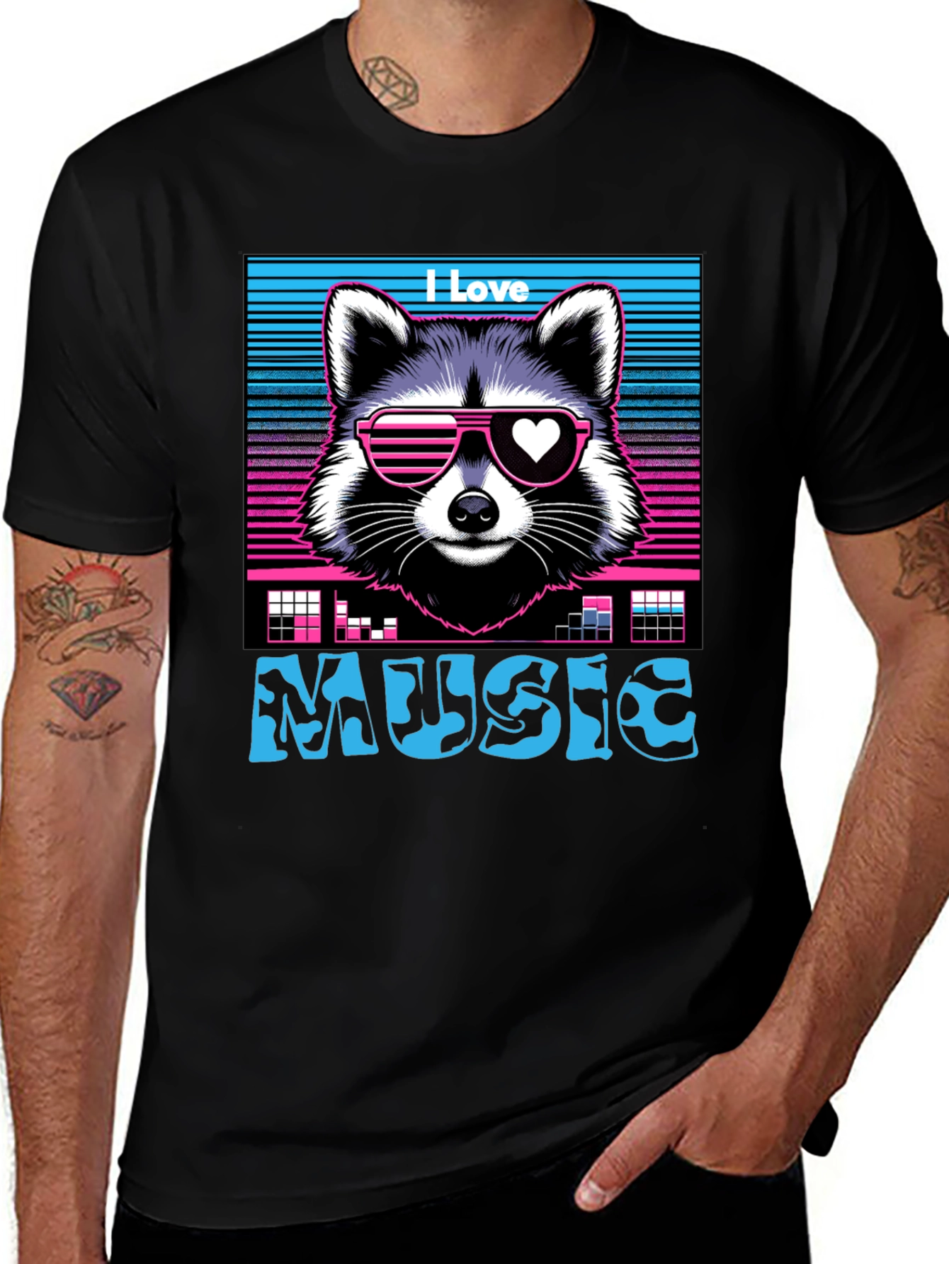 Variant 24 of I Love Music Raccoon T-Shirt - Retro 80's Style