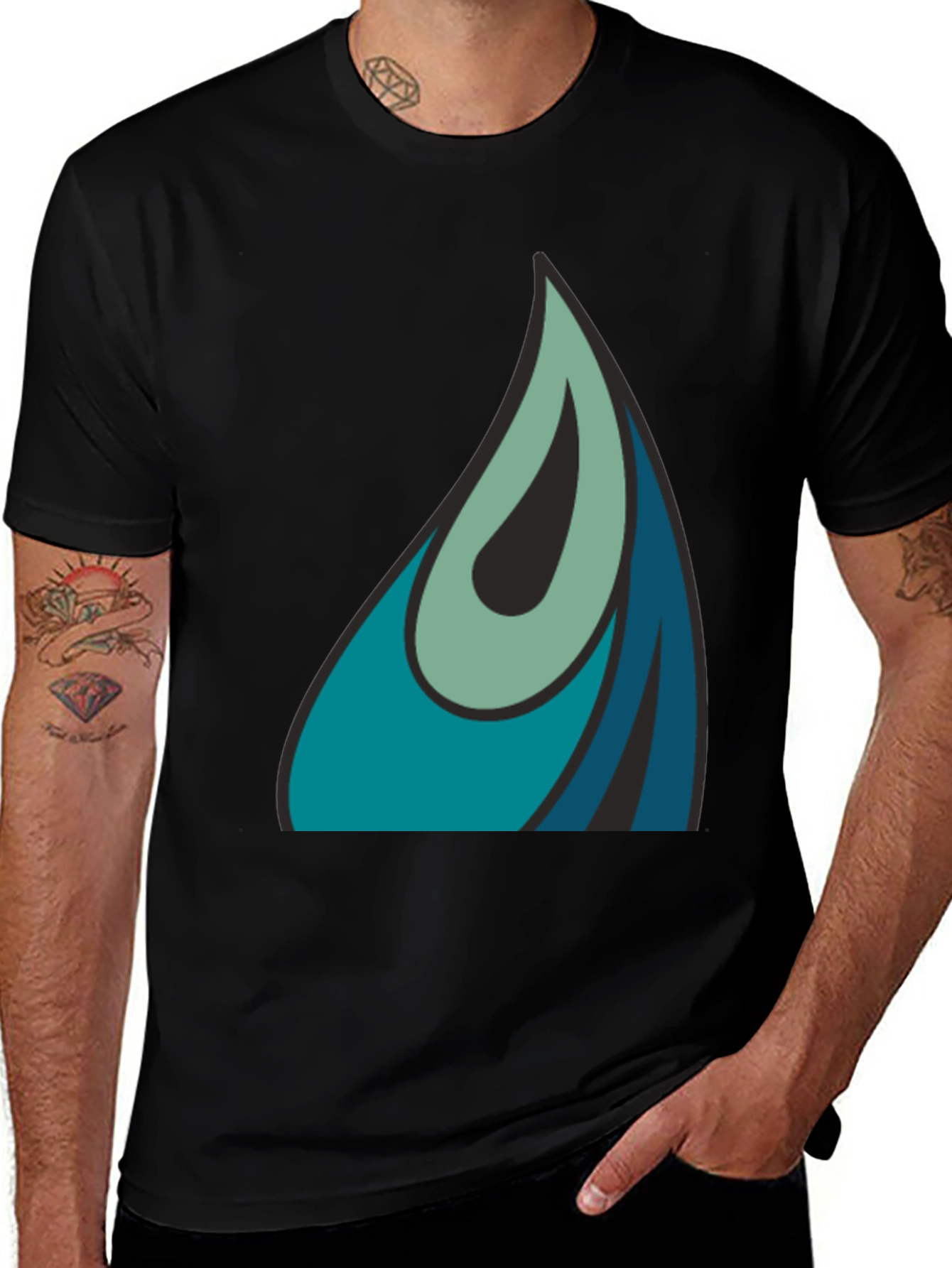 Variant 25 of Men's Black T-Shirt with Teal Water Drop Design