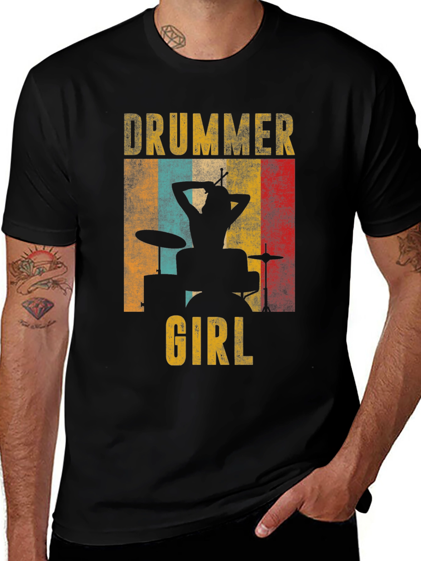 Variant 10 of Drummer Girl Retro Graphic T-Shirt - Black