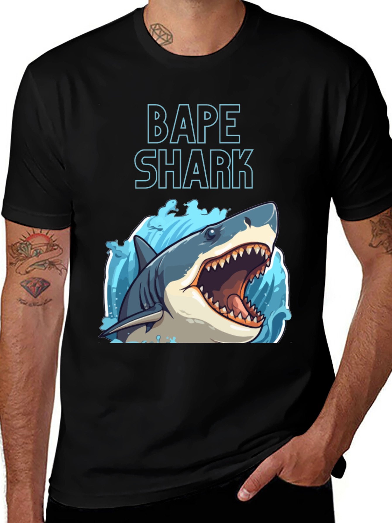 BAPE Shark Graphic Tee - Black Cotton Crew Neck