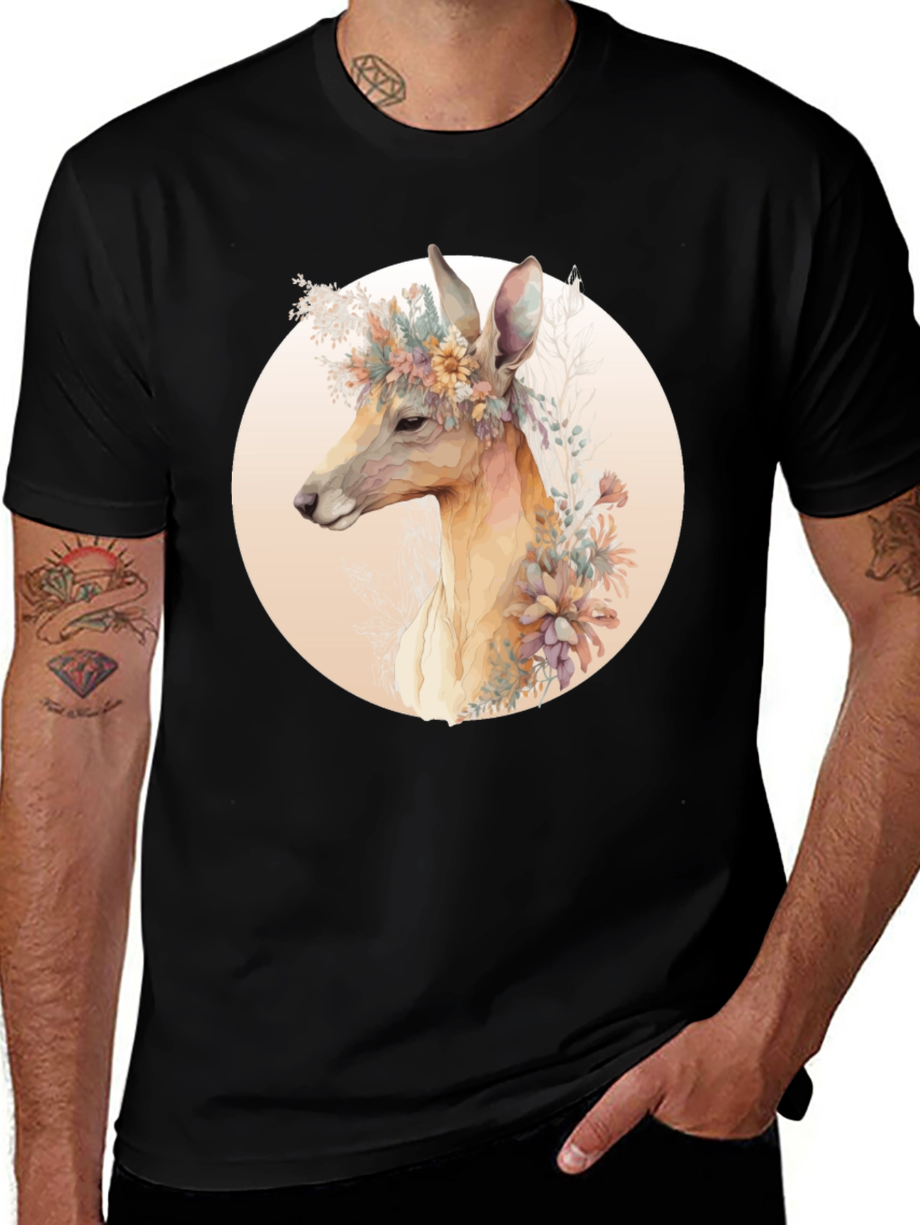 Variant 27 of Floral Deer Graphic Tee - Men's Black T-Shirt