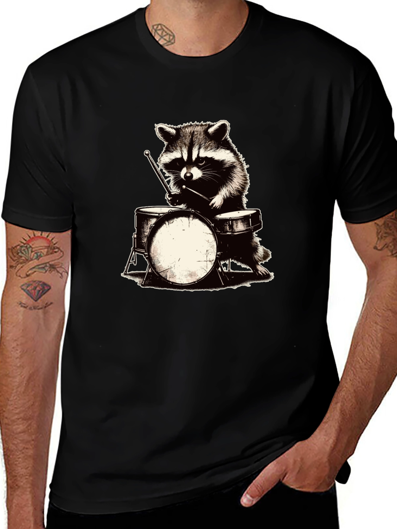 Variant 20 of Raccoon Drummer Graphic Tee - Black Cotton T-Shirt