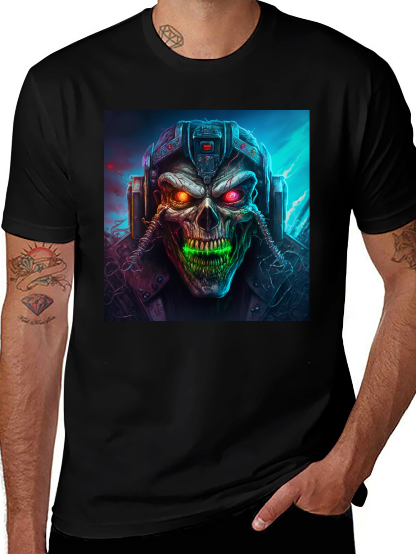 Variant 21 of Cyberpunk Skull Graphic Tee - Men's Black T-Shirt