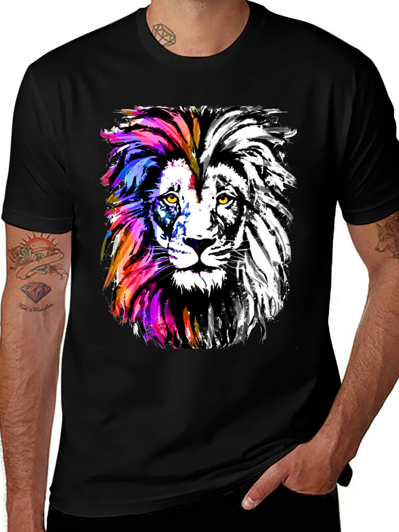 Variant 5 of Colorful Lion Graphic Print Black T-Shirt