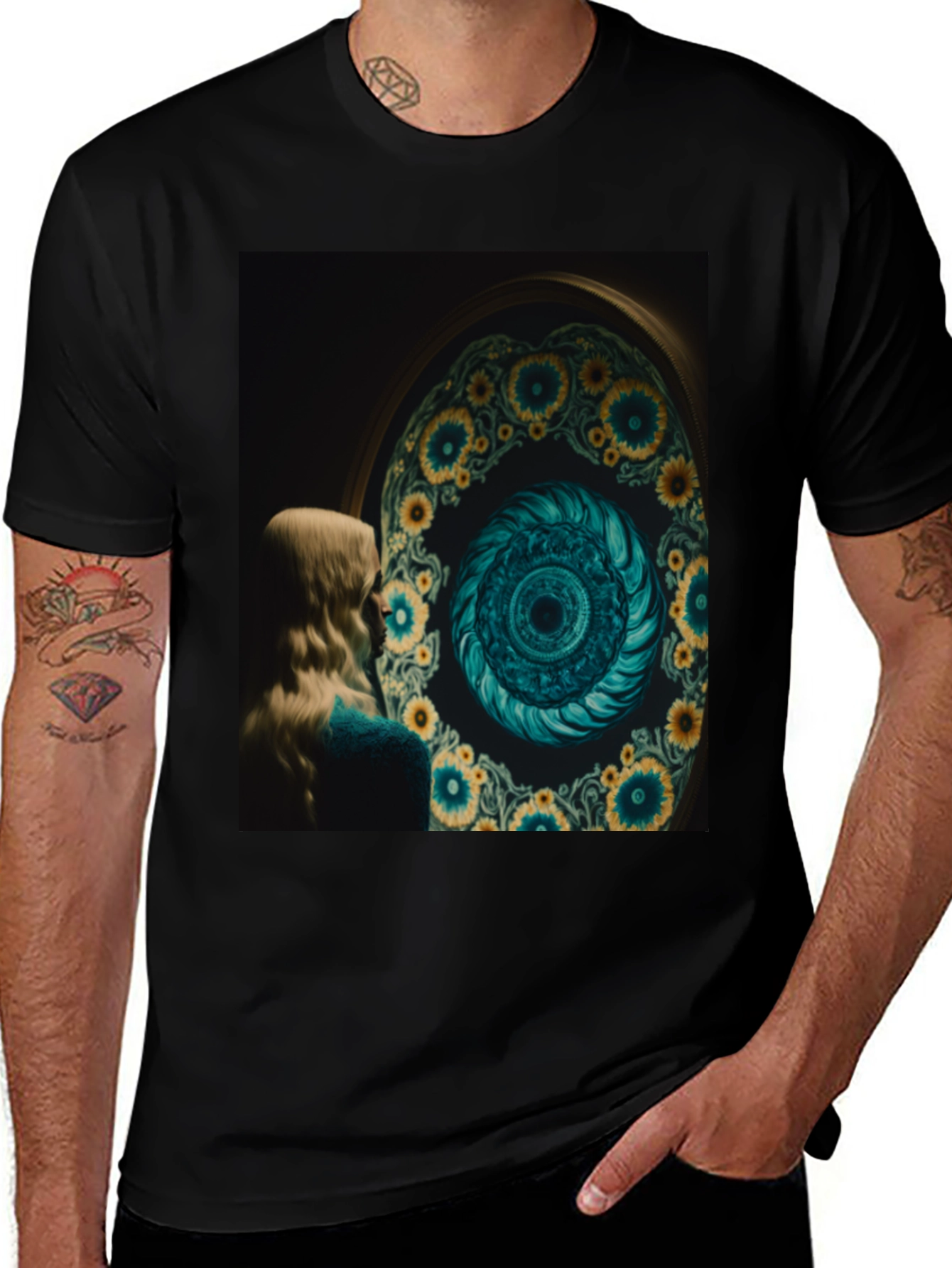 Variant 23 of Artistic Graphic Tee: Sunflower Spiral Portal Design