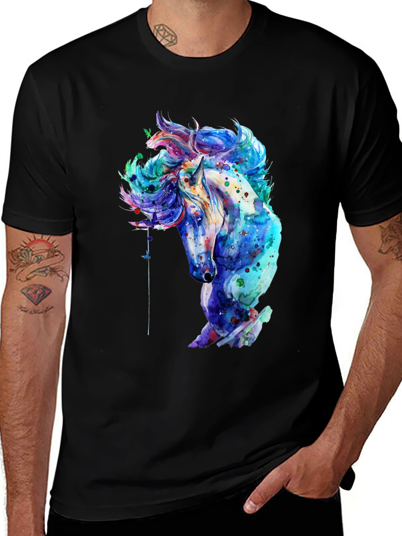 Variant 10 of Watercolor Horse Graphic Tee - Black Casual T-Shirt
