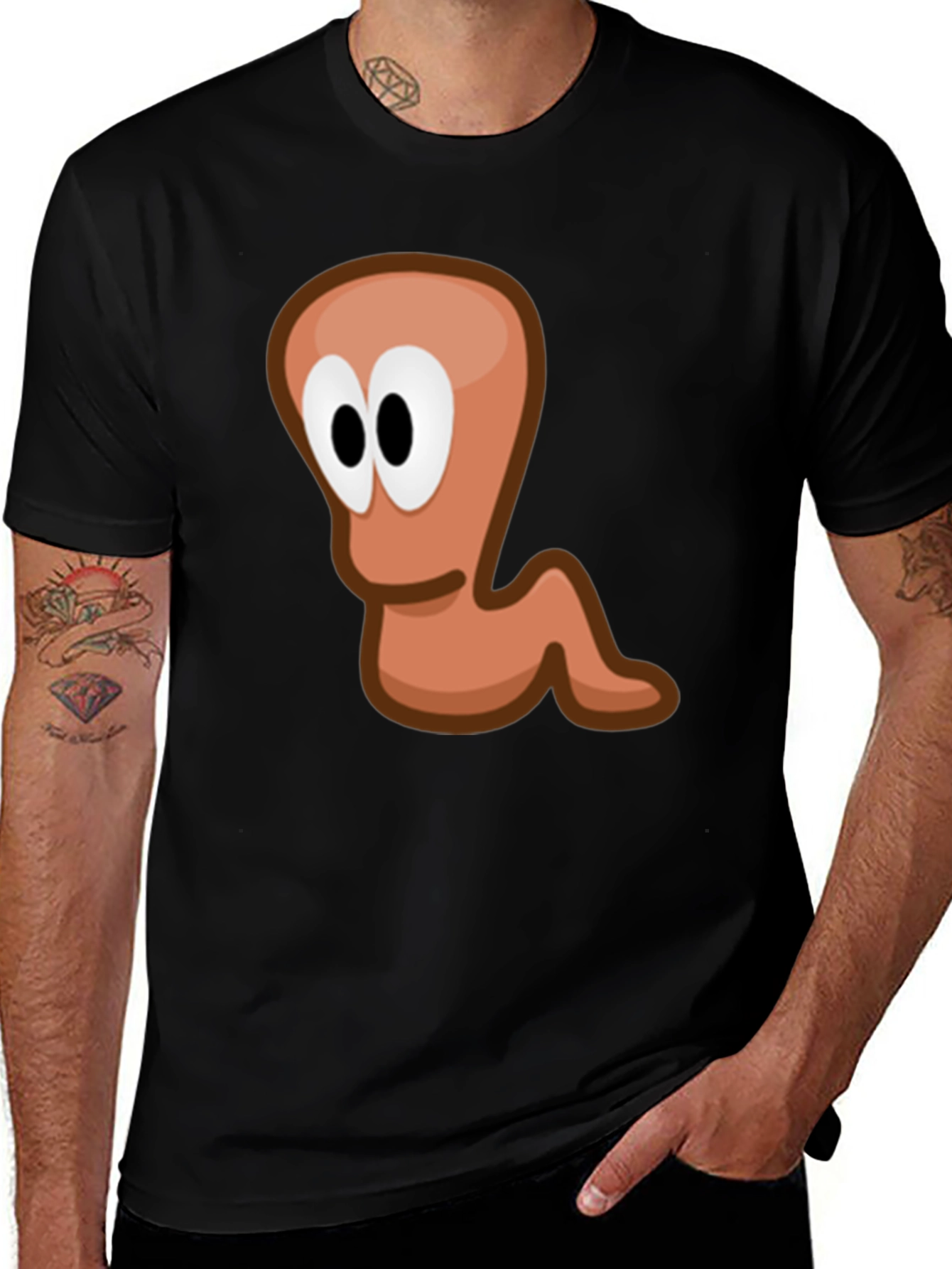 Variant 18 of Cartoon Worm Graphic Tee - Black Cotton T-Shirt