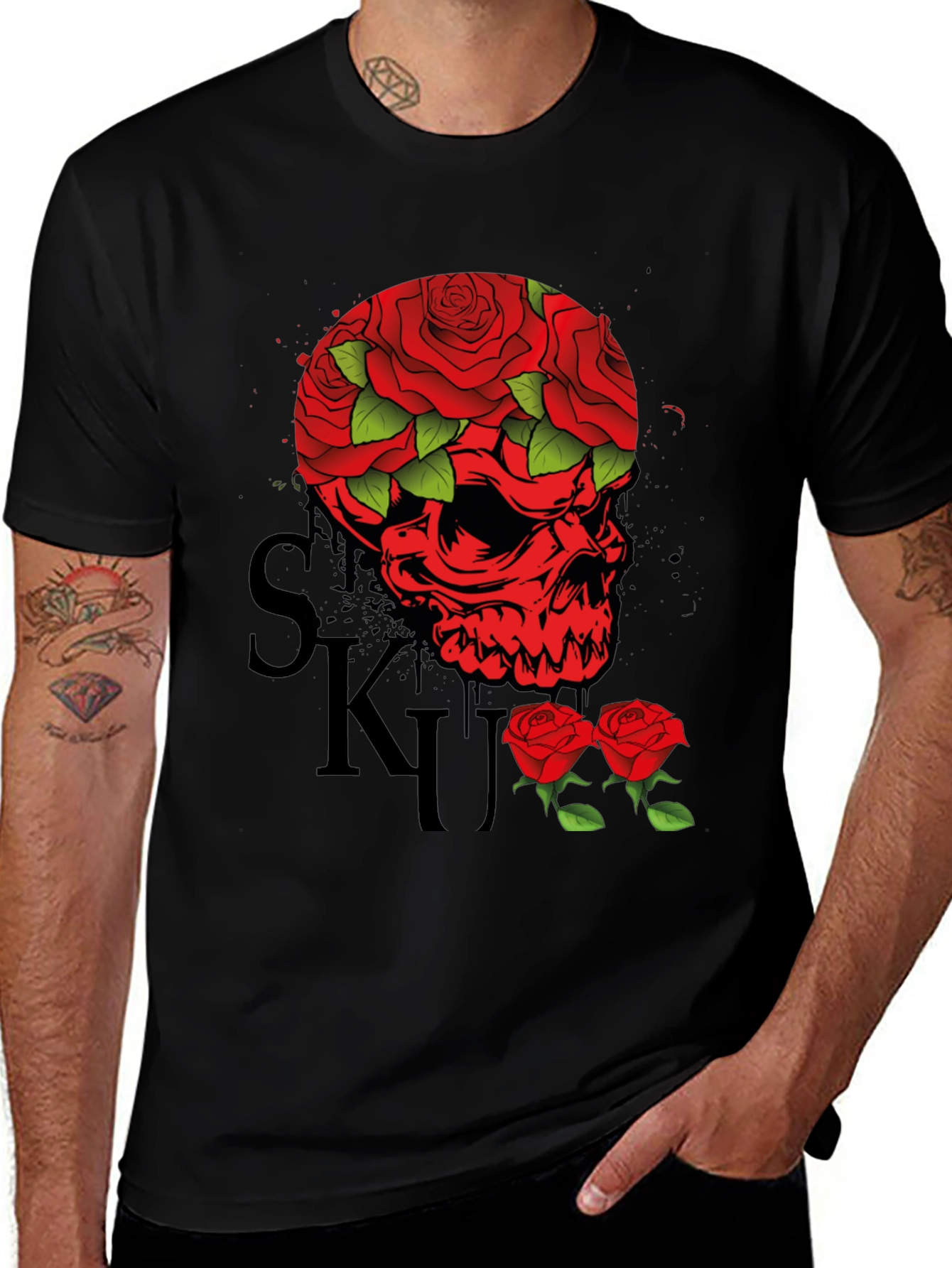 Variant 6 of Skull & Roses Graphic Tee - Men's Black T-Shirt