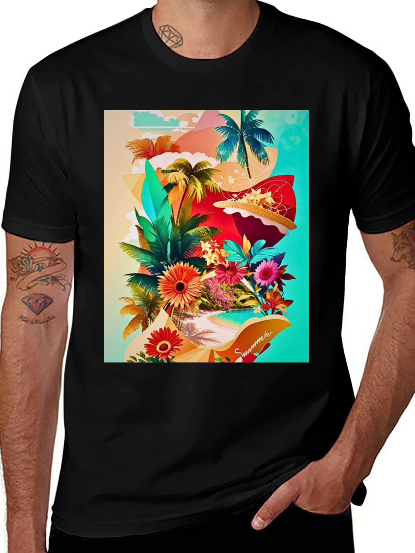 Black Tropical Summer Graphic T-Shirt main image