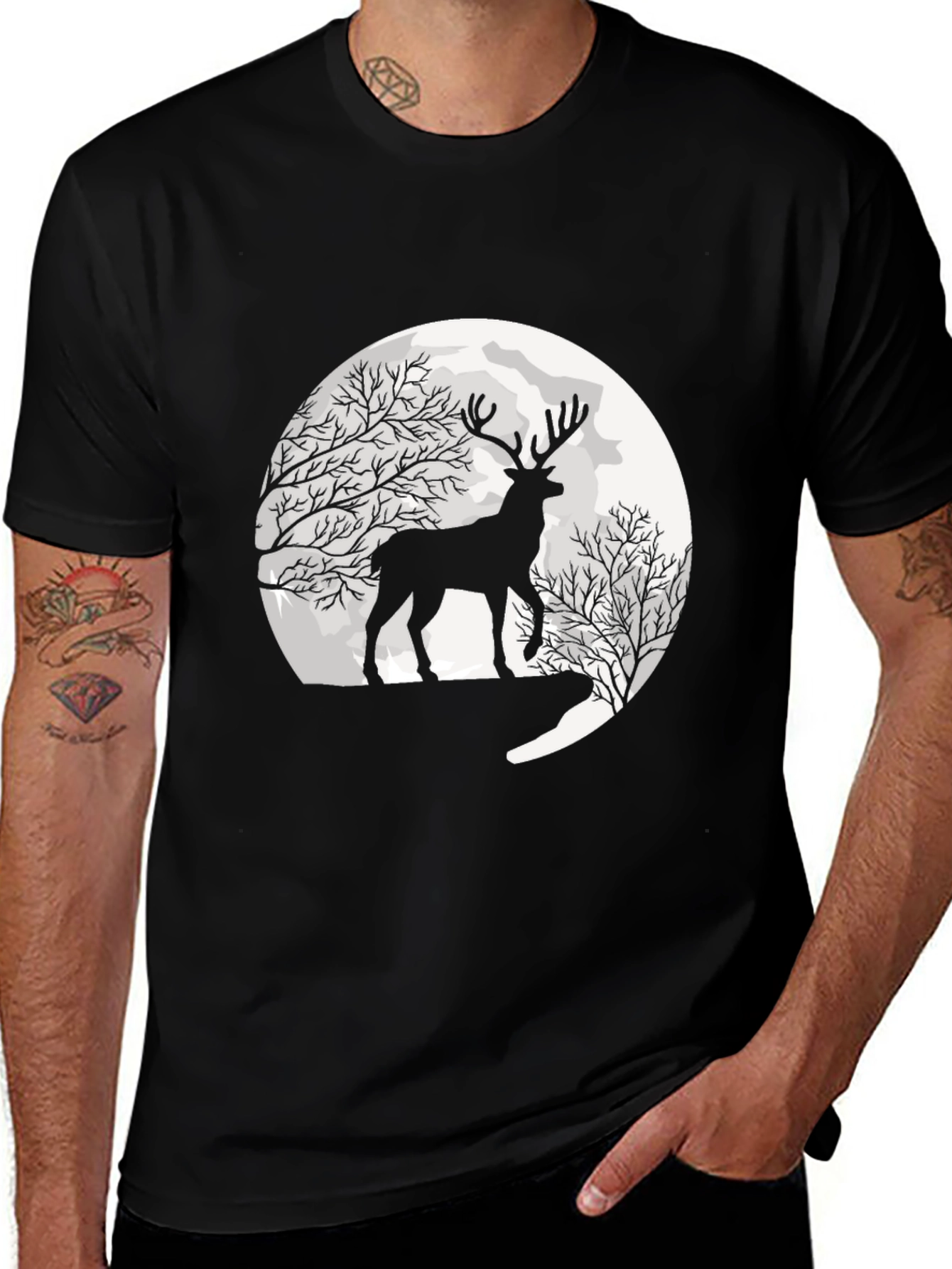 Variant 28 of Men's Deer & Moon Graphic Black T-Shirt