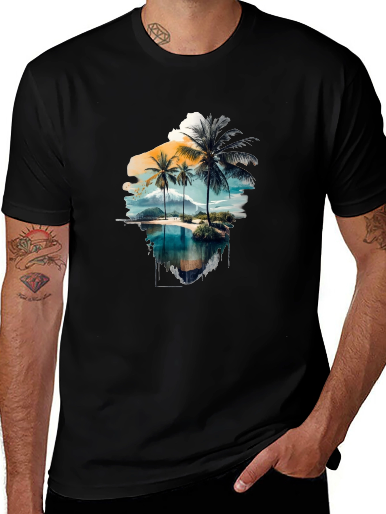 Variant 2 of Tropical Island Palm Tree Graphic Black T-Shirt