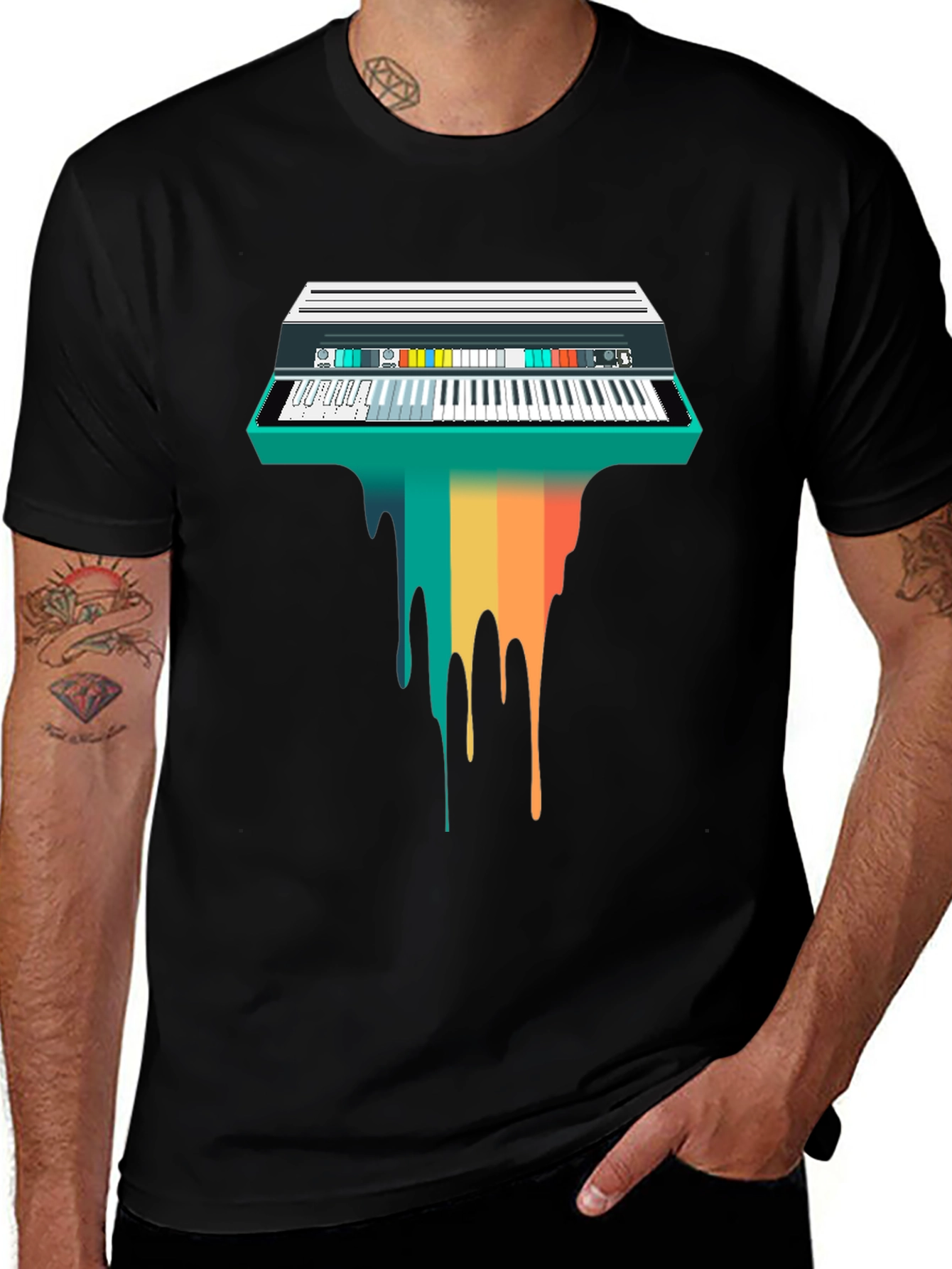 Variant 6 of Retro Synthwave Keyboard Drip Graphic Tee