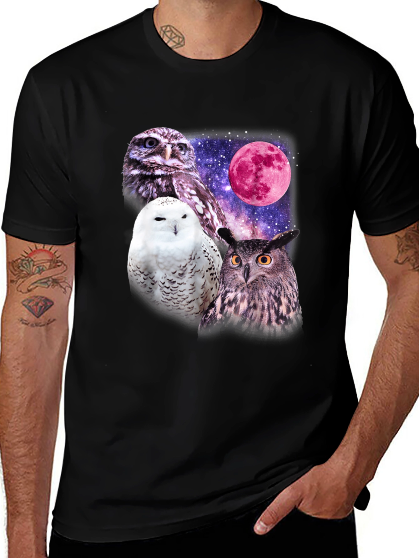 Variant 15 of Owl Trio Moon Black T-Shirt - Unique Graphic Tee