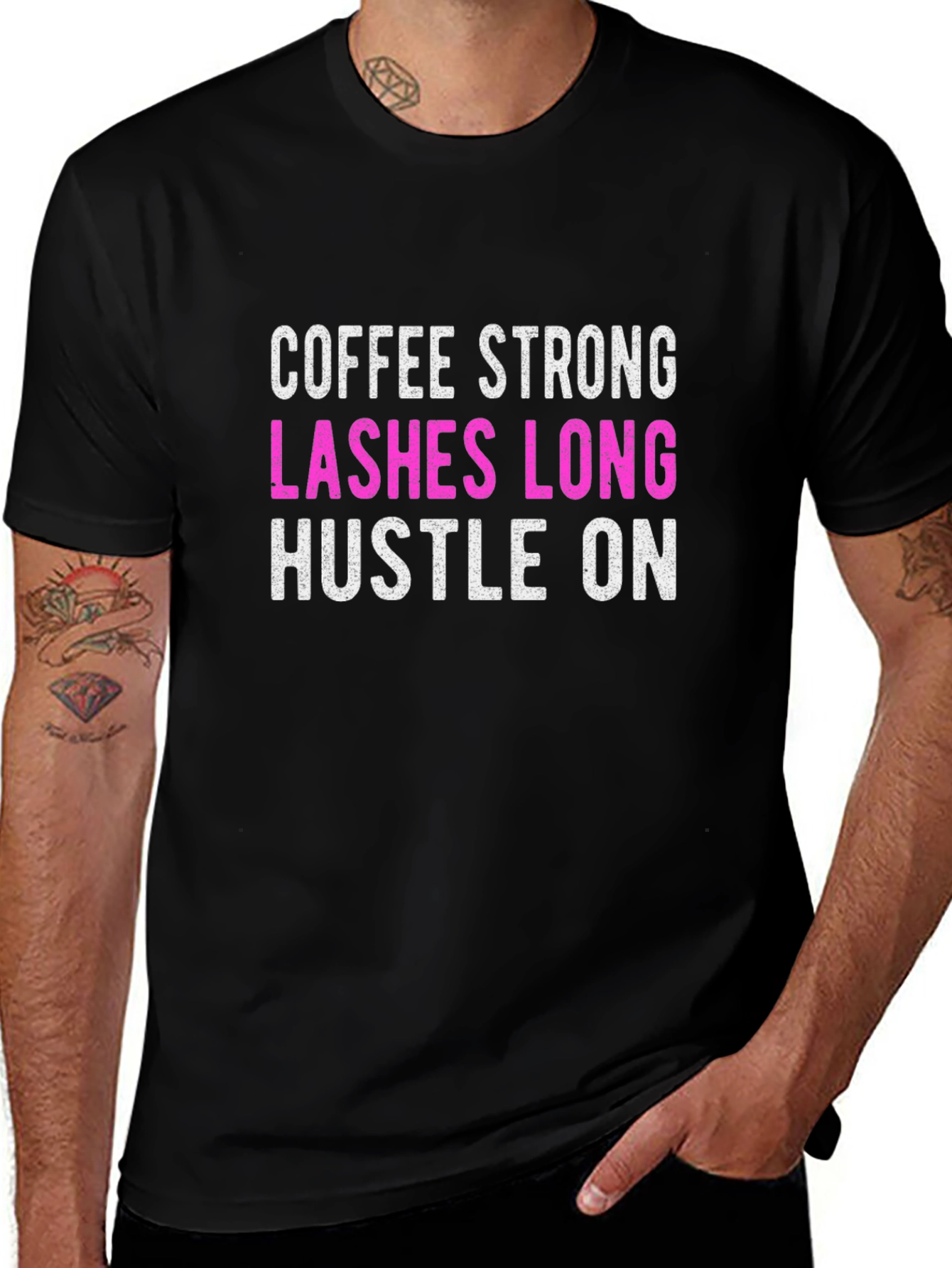 Variant 10 of Coffee Strong Lashes Long Hustle On Black T-Shirt