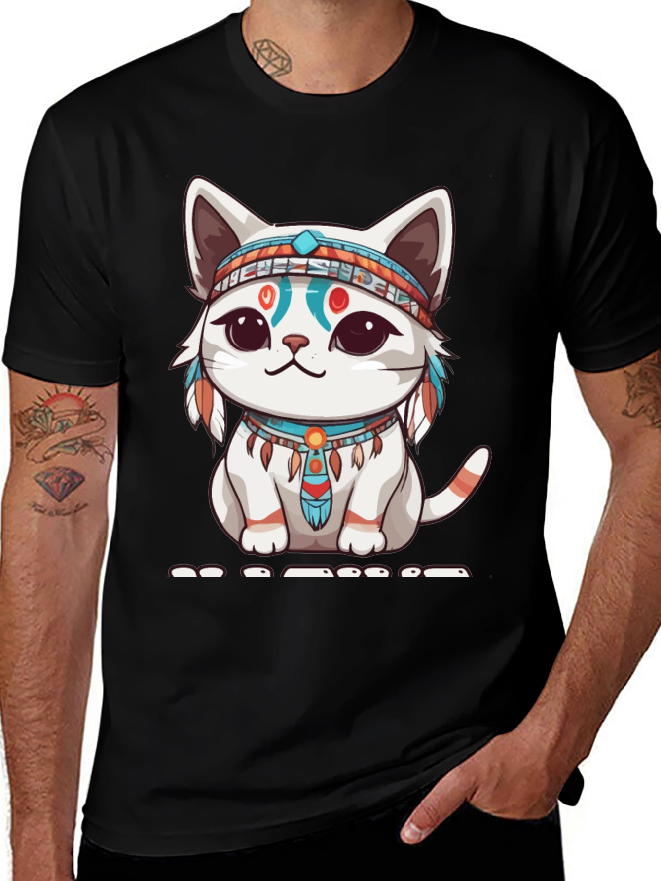 Variant 10 of Native American Cat Design Black T-Shirt