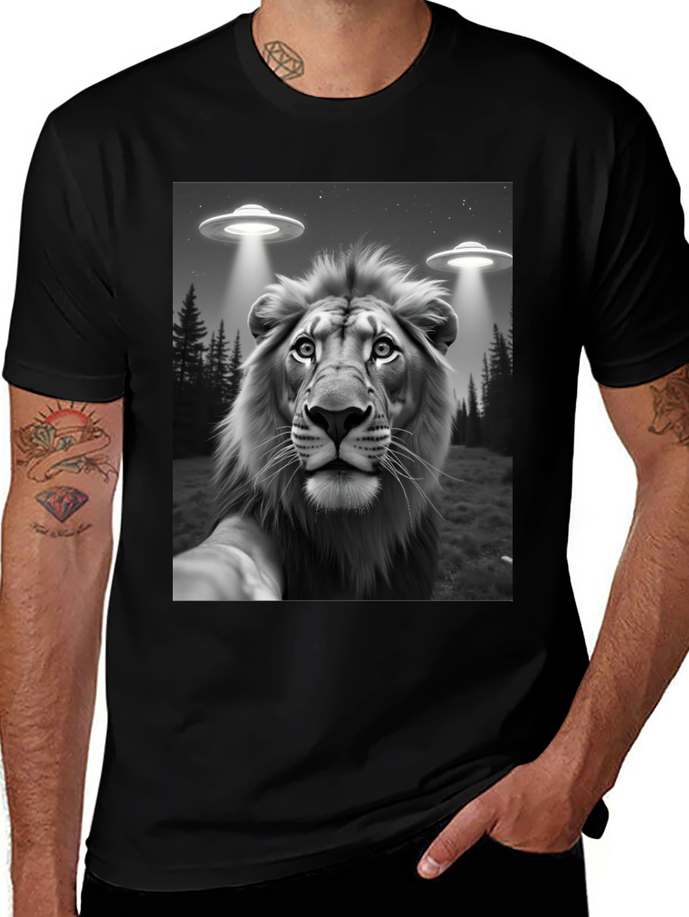 Variant 29 of Lion Selfie UFO Abduction Graphic Tee