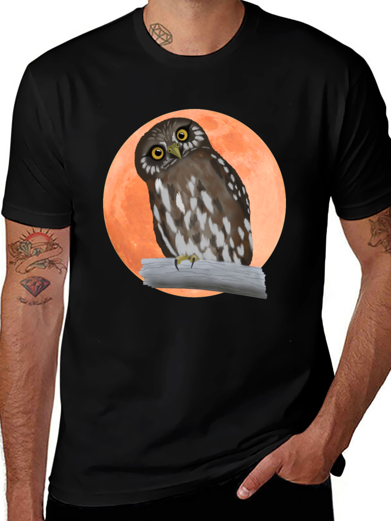 Variant 10 of Owl on Branch Graphic Tee - Black Cotton T-Shirt