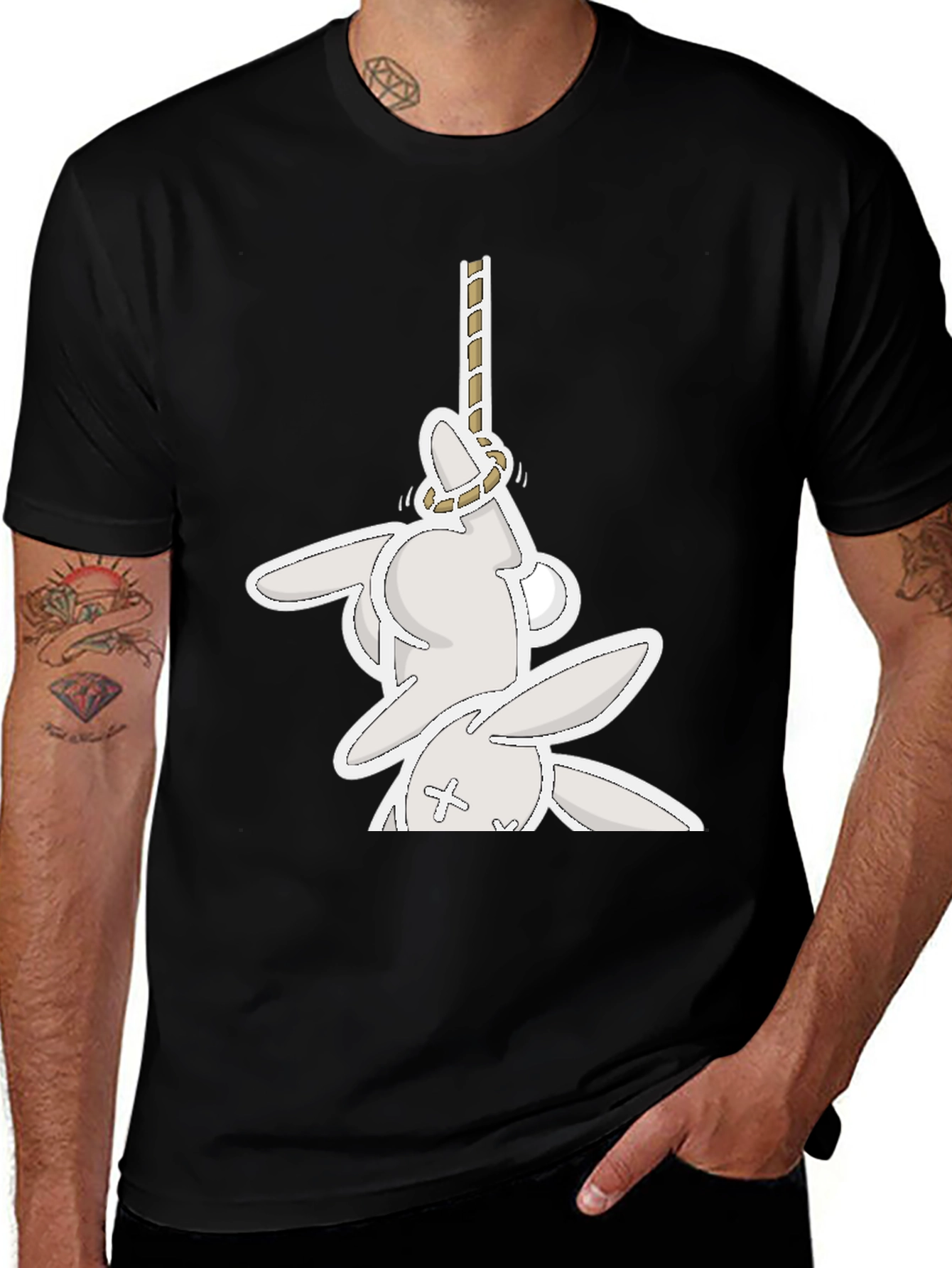 Variant 30 of Funny Graphic Tee: Playful Bunny Hanged Design T-Shirt