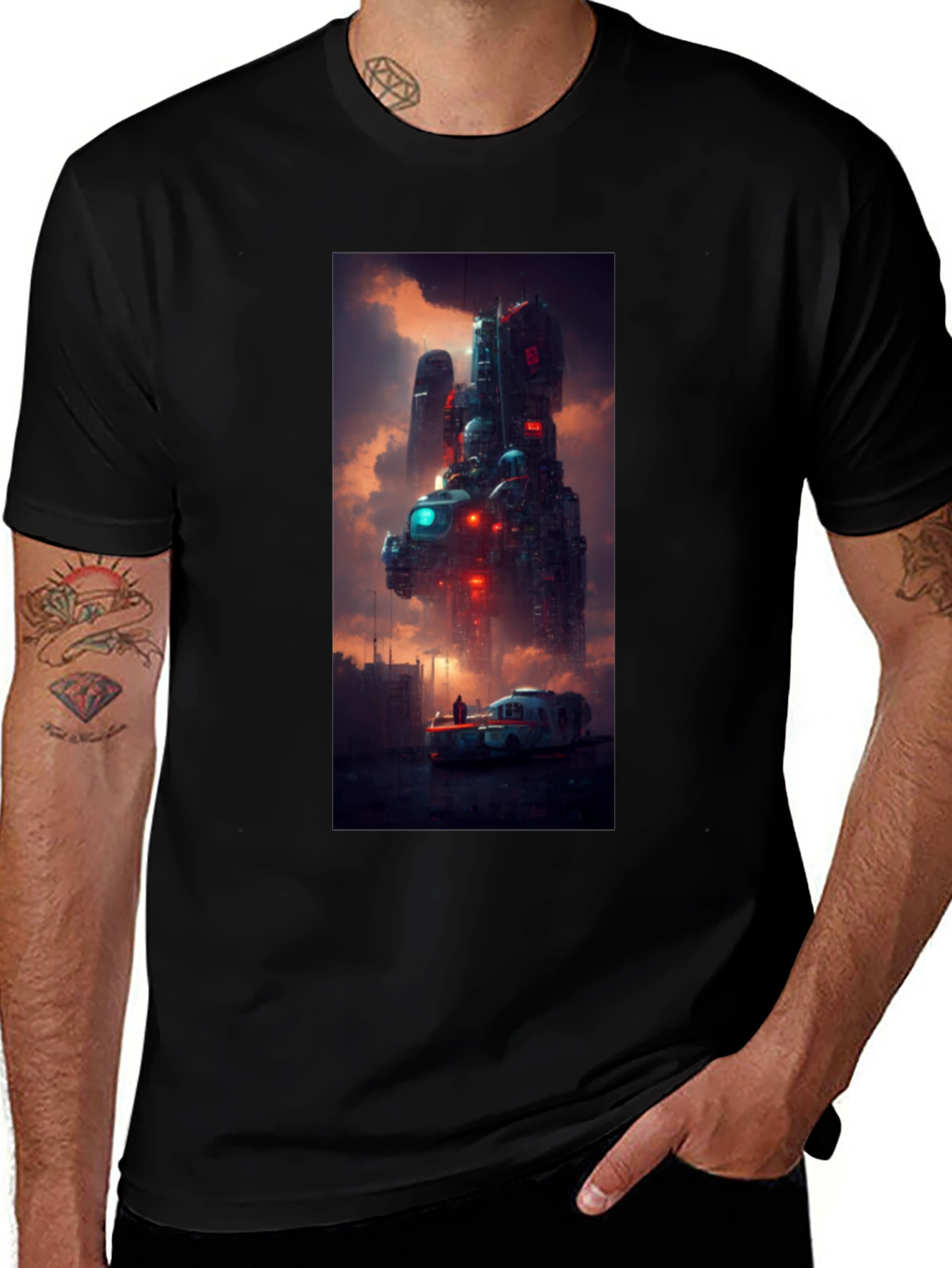 Variant 3 of Sci-Fi Cityscape Graphic Tee - Premium Black Cotton Blend