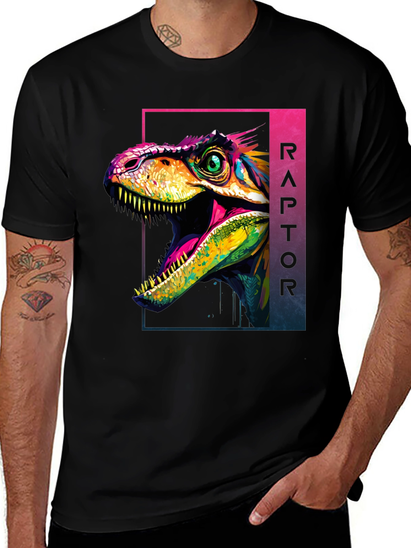 Black Vibrant Raptor Graphic Tee - Bold Dinosaur Design main image