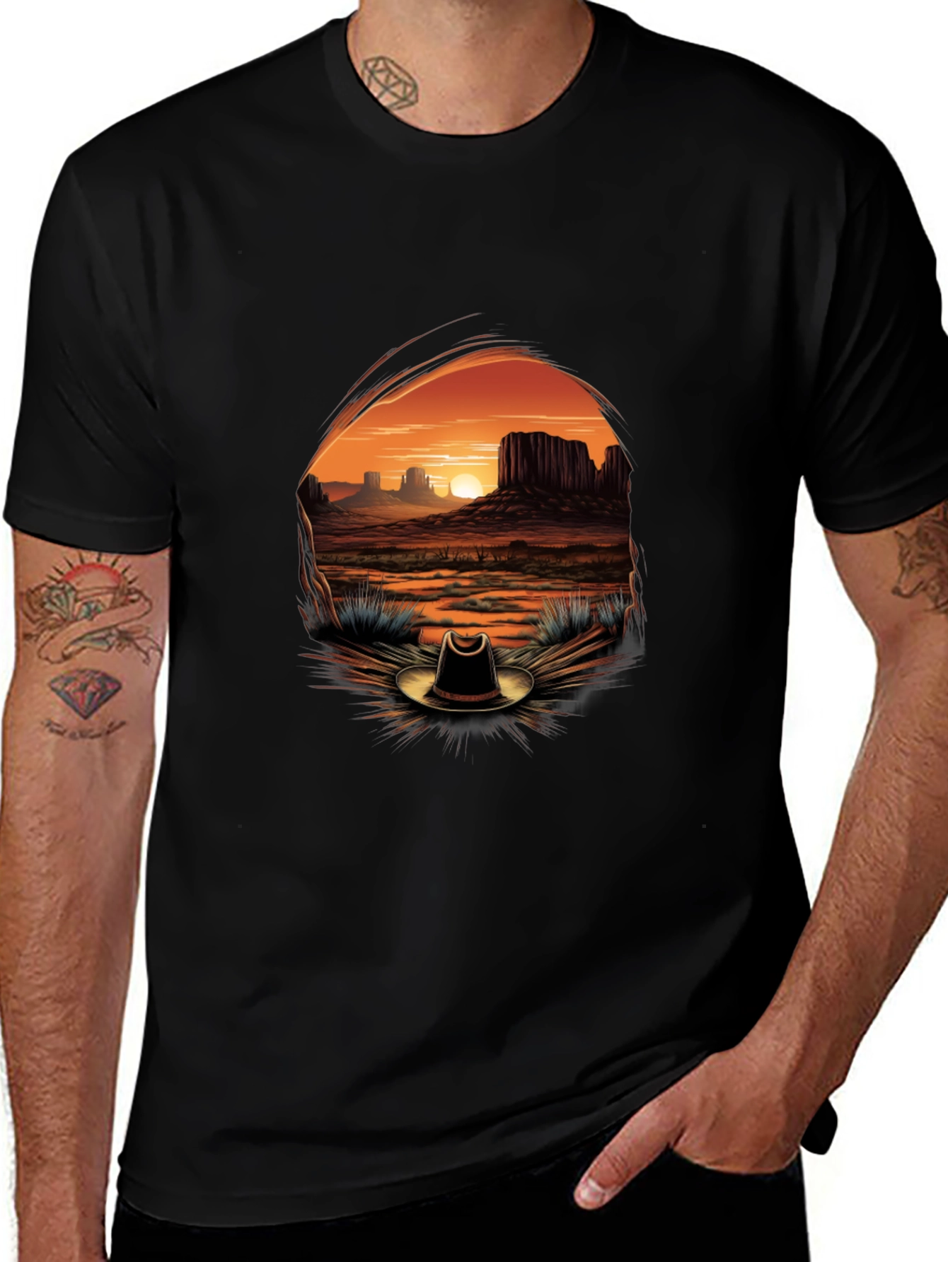 Variant 13 of Western Sunset Cowboy Hat Graphic Tee - Black