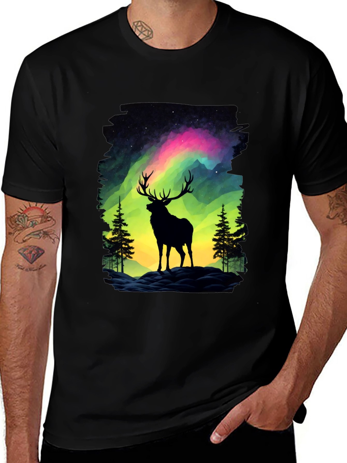 Black Aurora Deer Graphic Tee - Nature Inspired Design main image