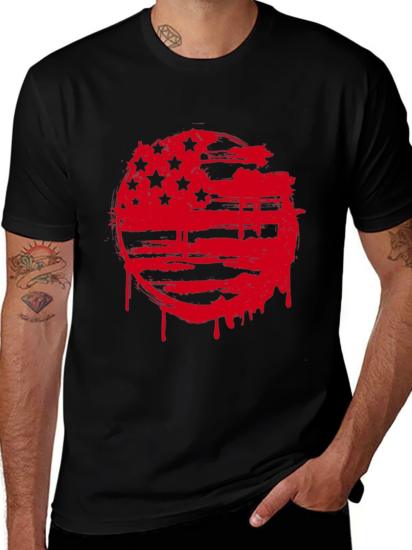 Variant 12 of Men's Black T-Shirt with Red Grunge American Flag Design