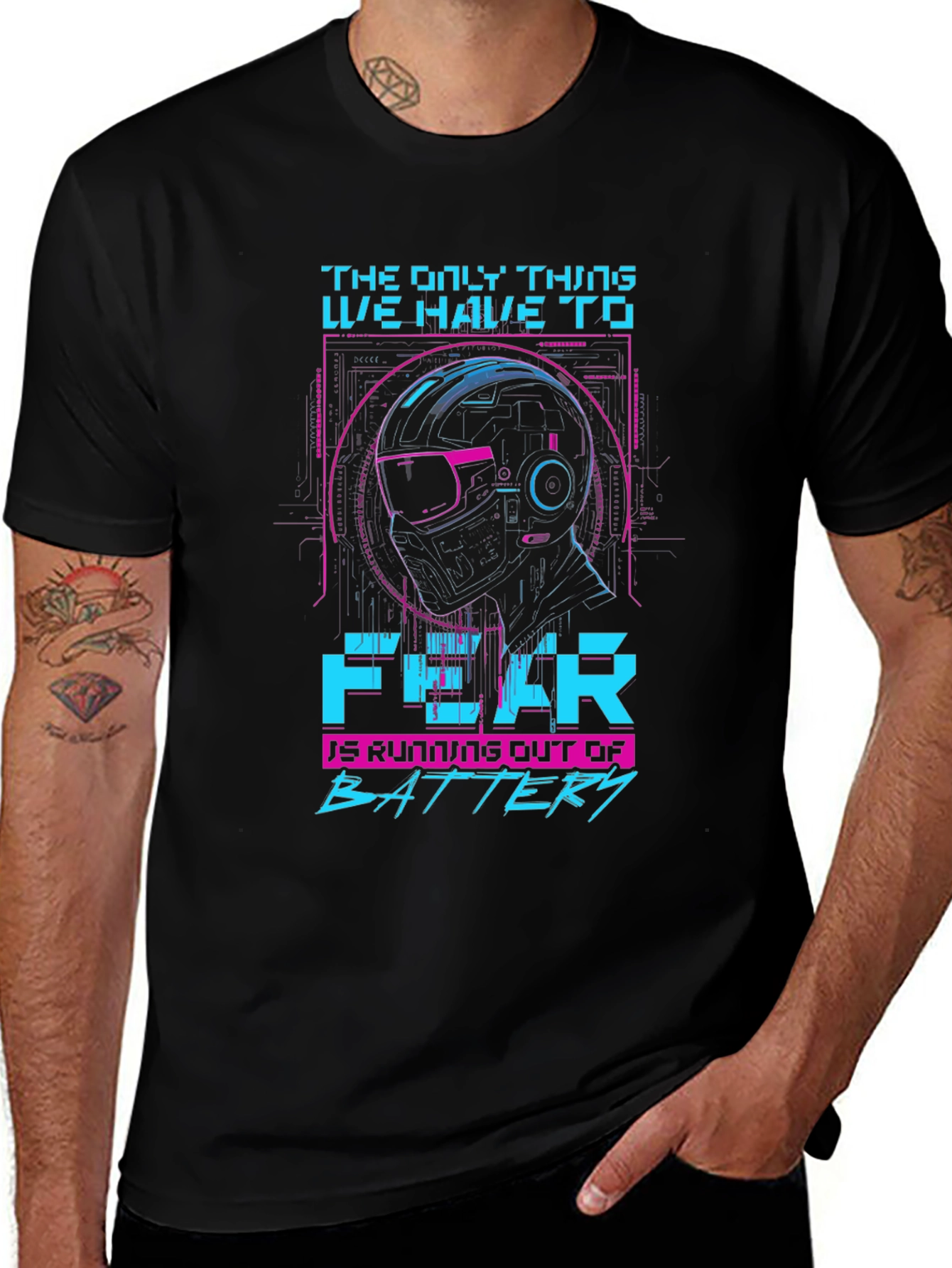 Variant 9 of Cyberpunk T-Shirt: Fear is Running Out of Battery - Black
