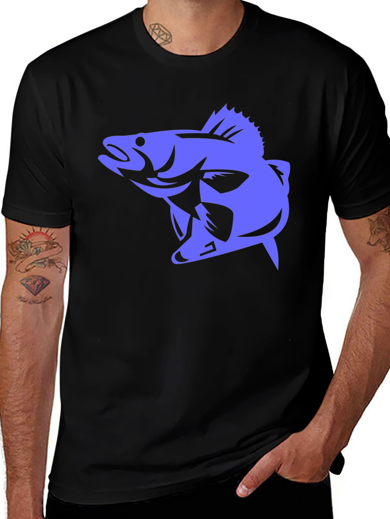 Men's Black T-Shirt with Blue Fish Graphic