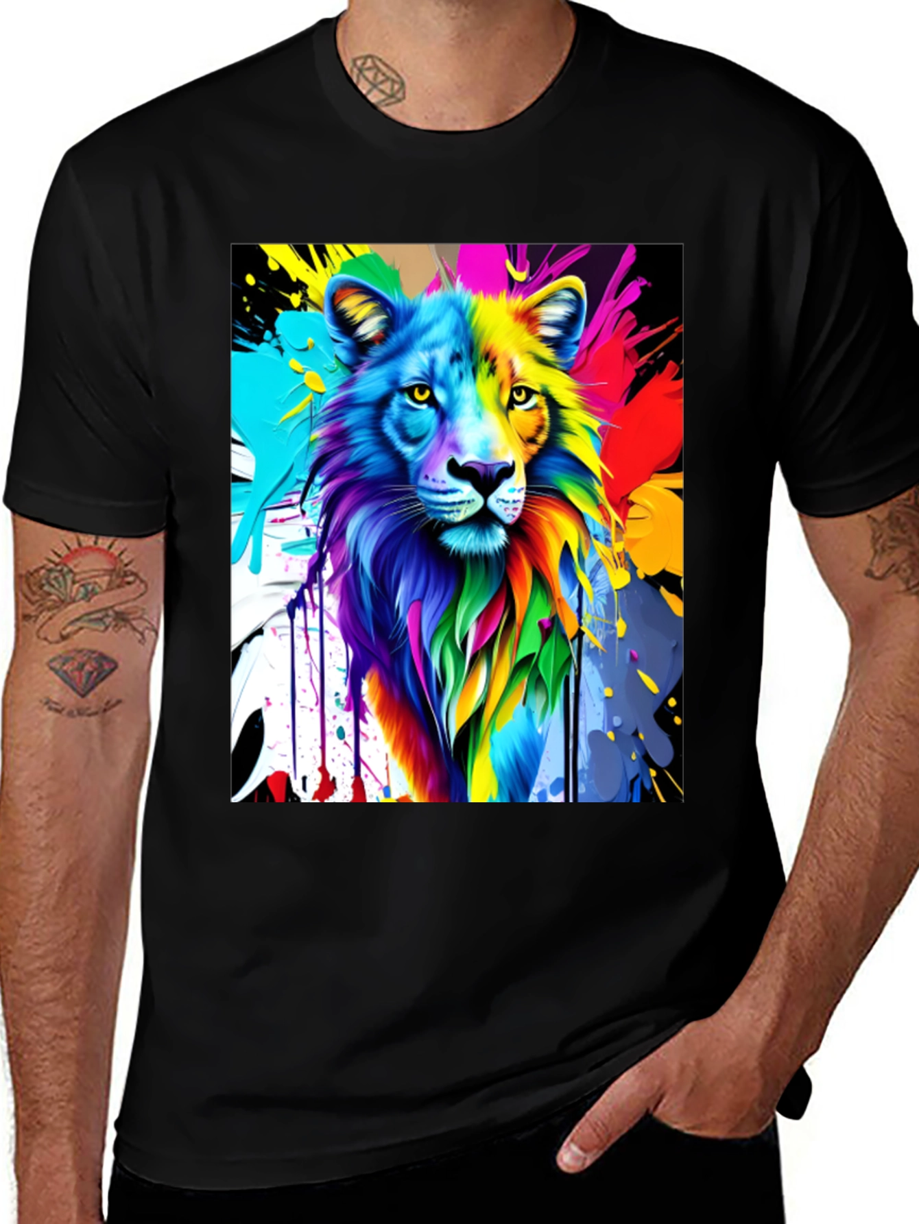 Black Colorful Lion Graphic Black T-Shirt main image