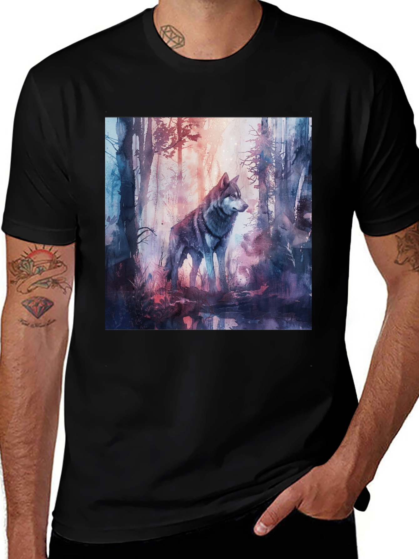 Variant 25 of Watercolor Wolf Graphic Tee - Men's Black T-Shirt