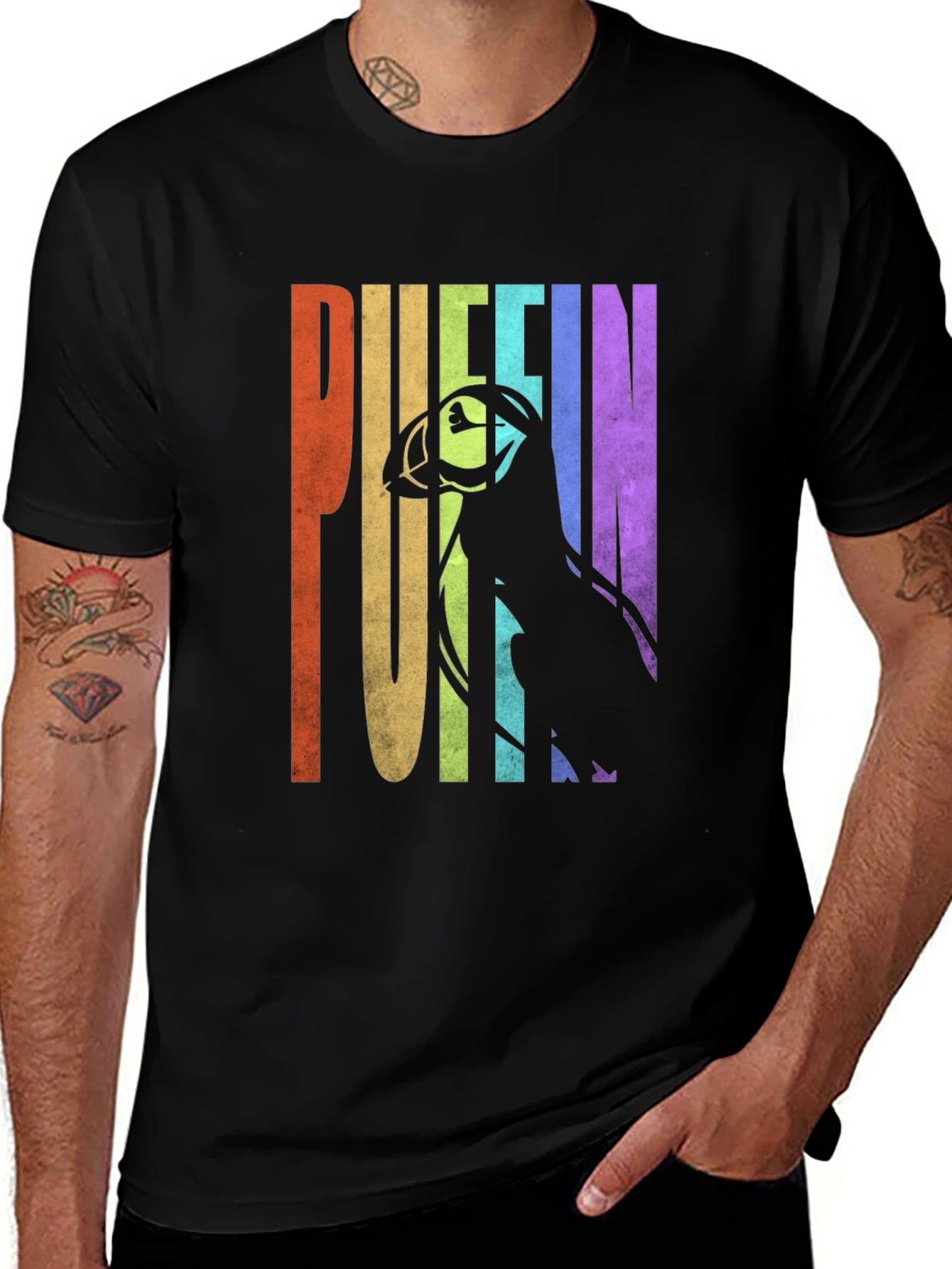 Variant 7 of Puffin Graphic T-Shirt - Rainbow Letters Bird Silhouette
