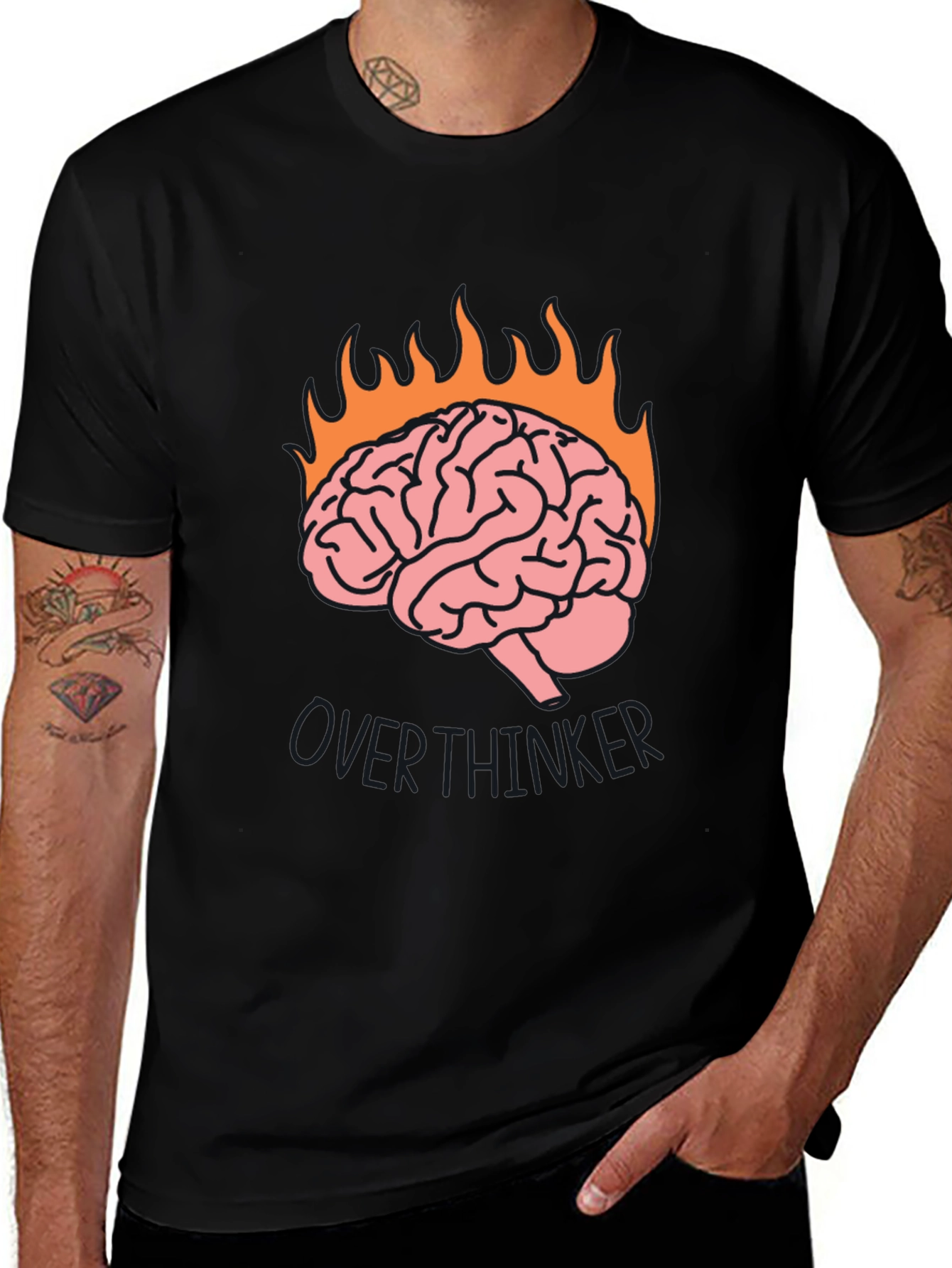 Variant 28 of Overthinker Brain Flames Graphic Tee - Black Cotton T-Shirt