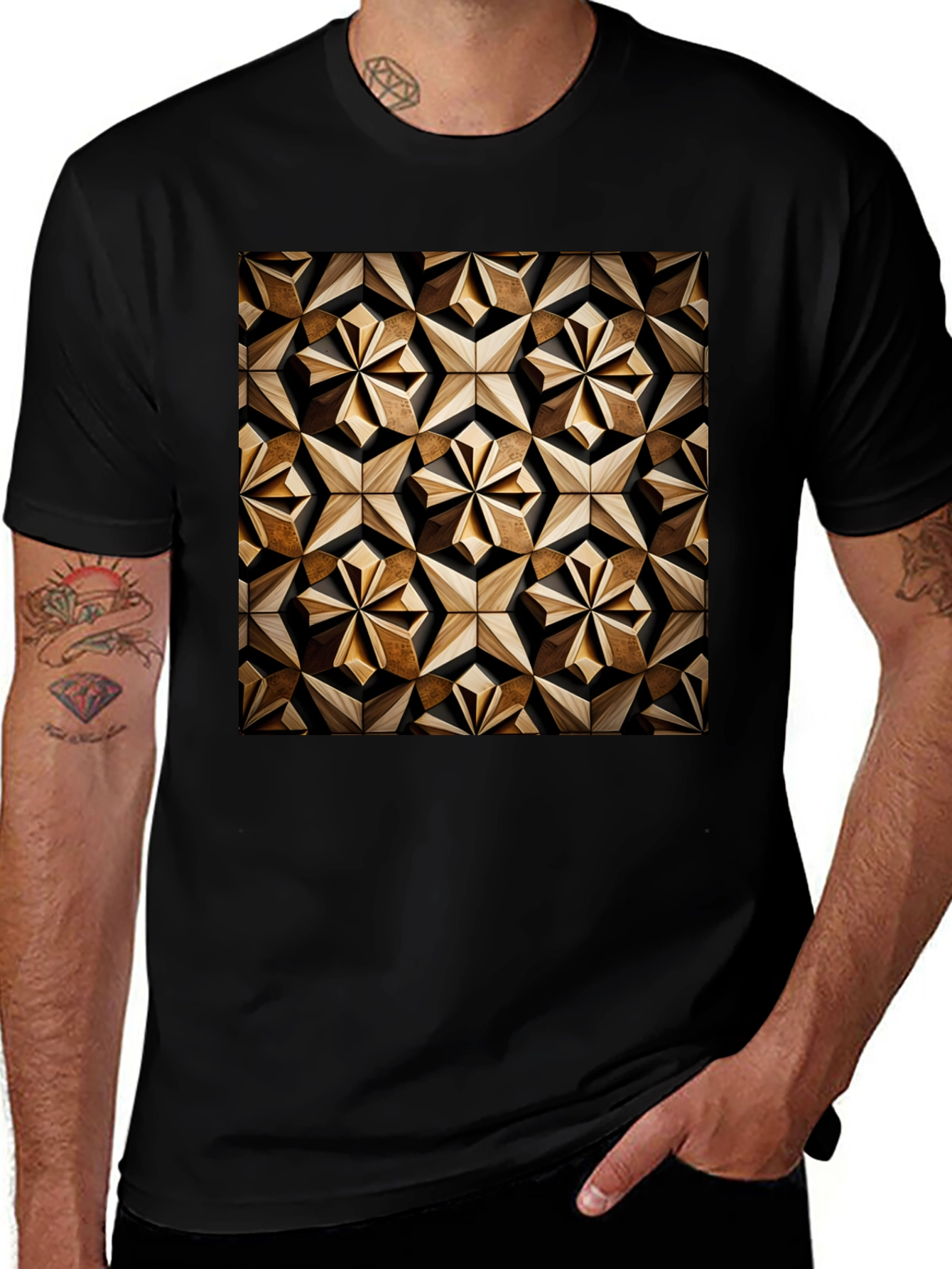 Variant 24 of Geometric Wood Pattern Black T-Shirt