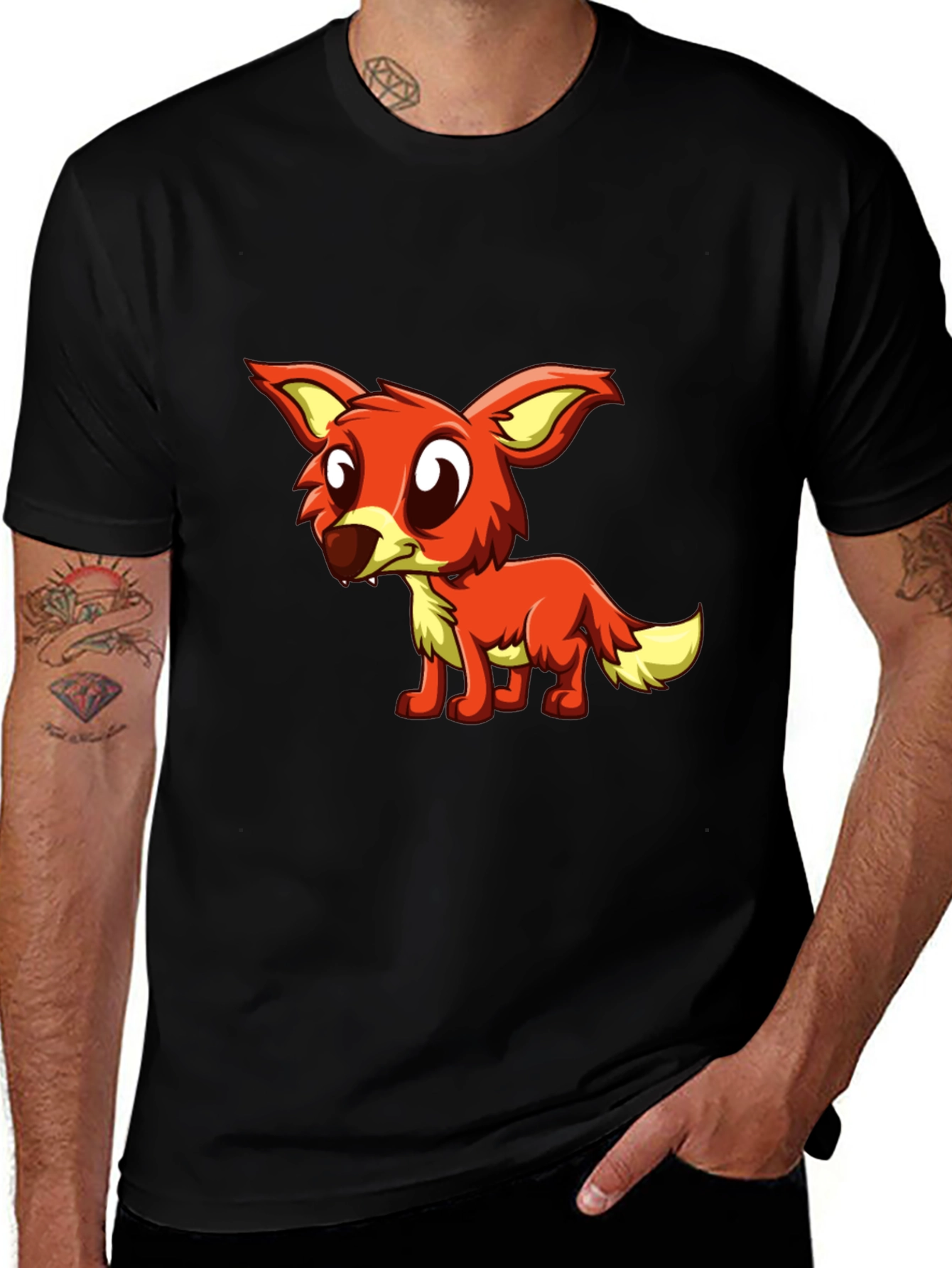 Variant 4 of Cartoon Fox Graphic Tee - Black Cotton T-Shirt